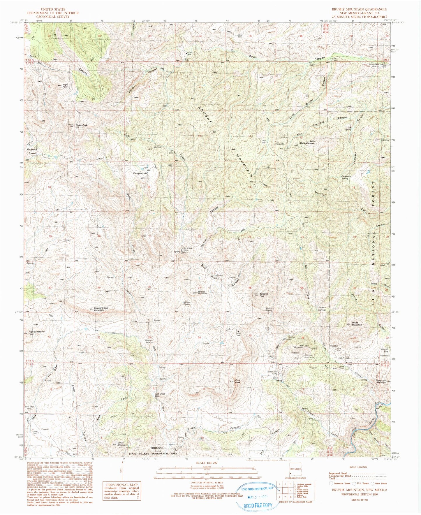 Classic USGS Brushy Mountain New Mexico 7.5'x7.5' Topo Map Image
