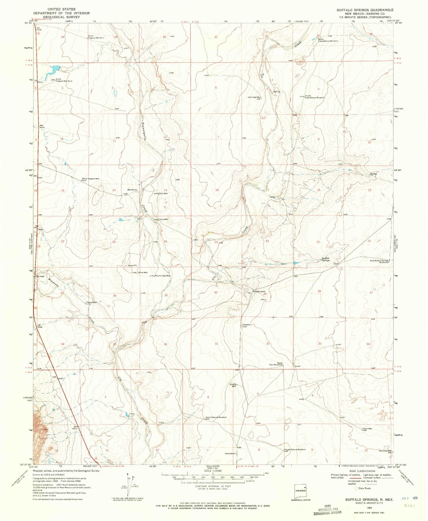 Classic USGS Buffalo Springs New Mexico 7.5'x7.5' Topo Map Image