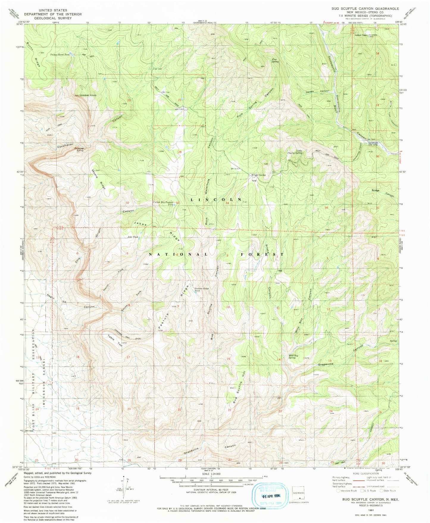 Classic USGS Bug Scuffle Canyon New Mexico 7.5'x7.5' Topo Map Image