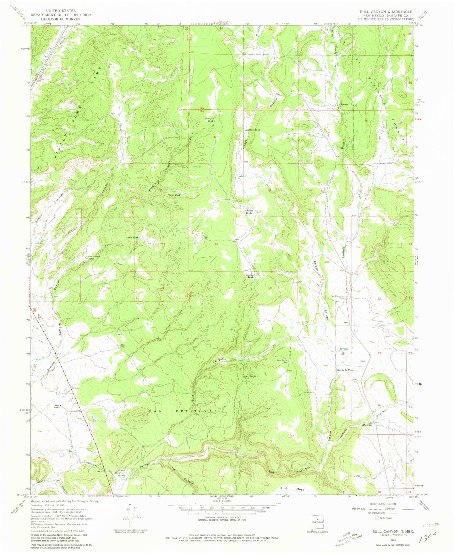 Classic USGS Bull Canyon New Mexico 7.5'x7.5' Topo Map Image