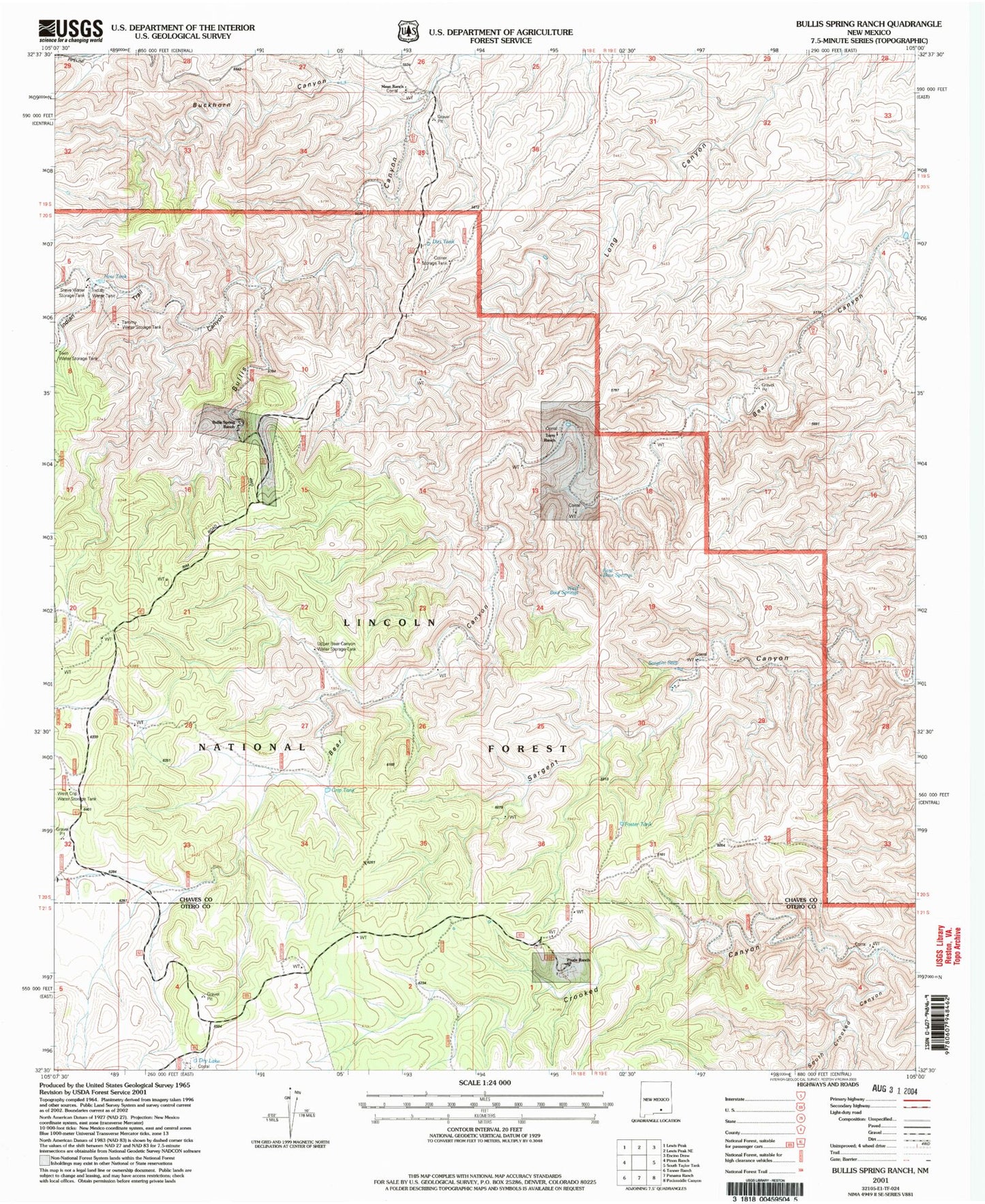 Classic USGS Bullis Spring Ranch New Mexico 7.5'x7.5' Topo Map Image