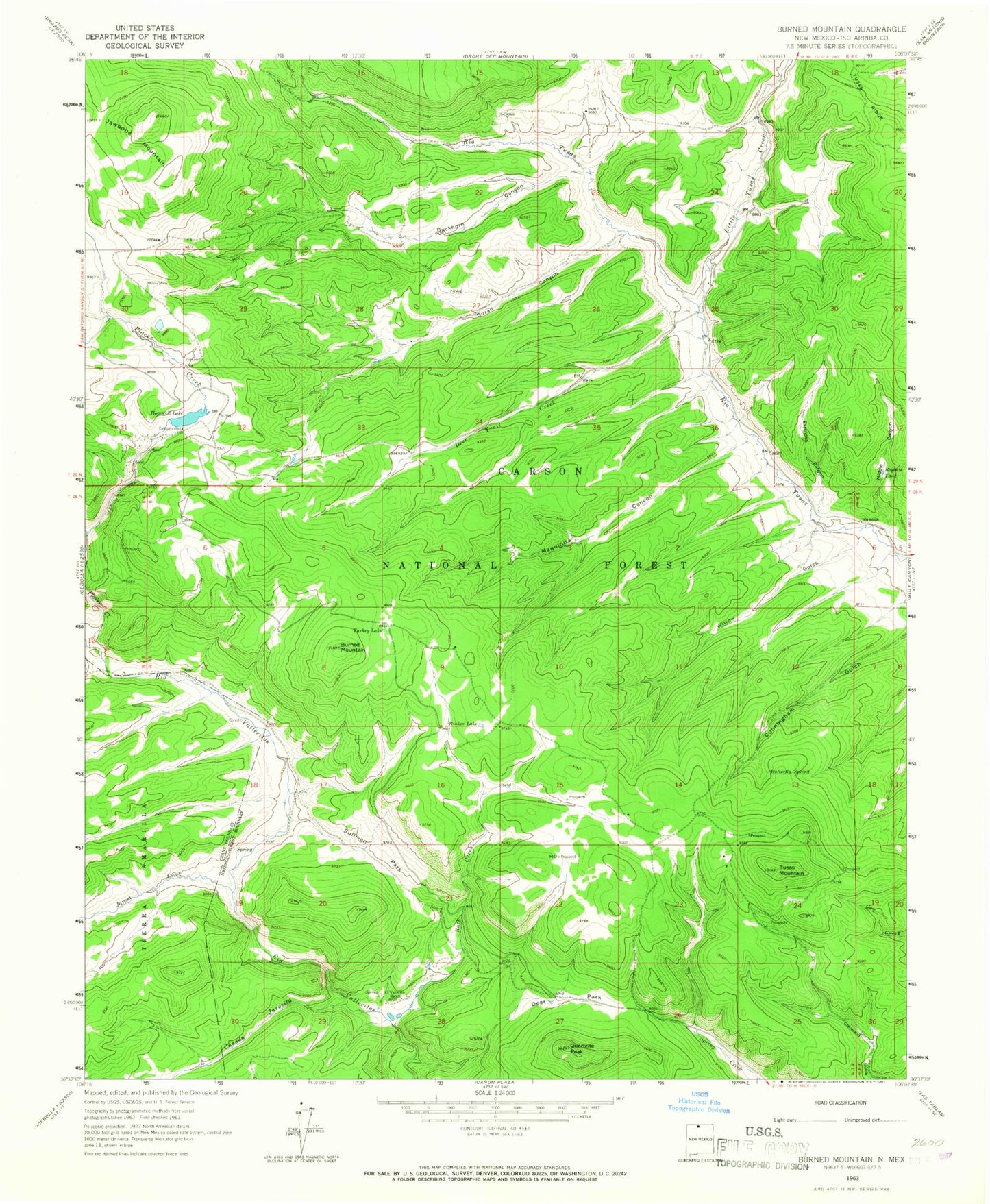 Classic USGS Burned Mountain New Mexico 7.5'x7.5' Topo Map Image