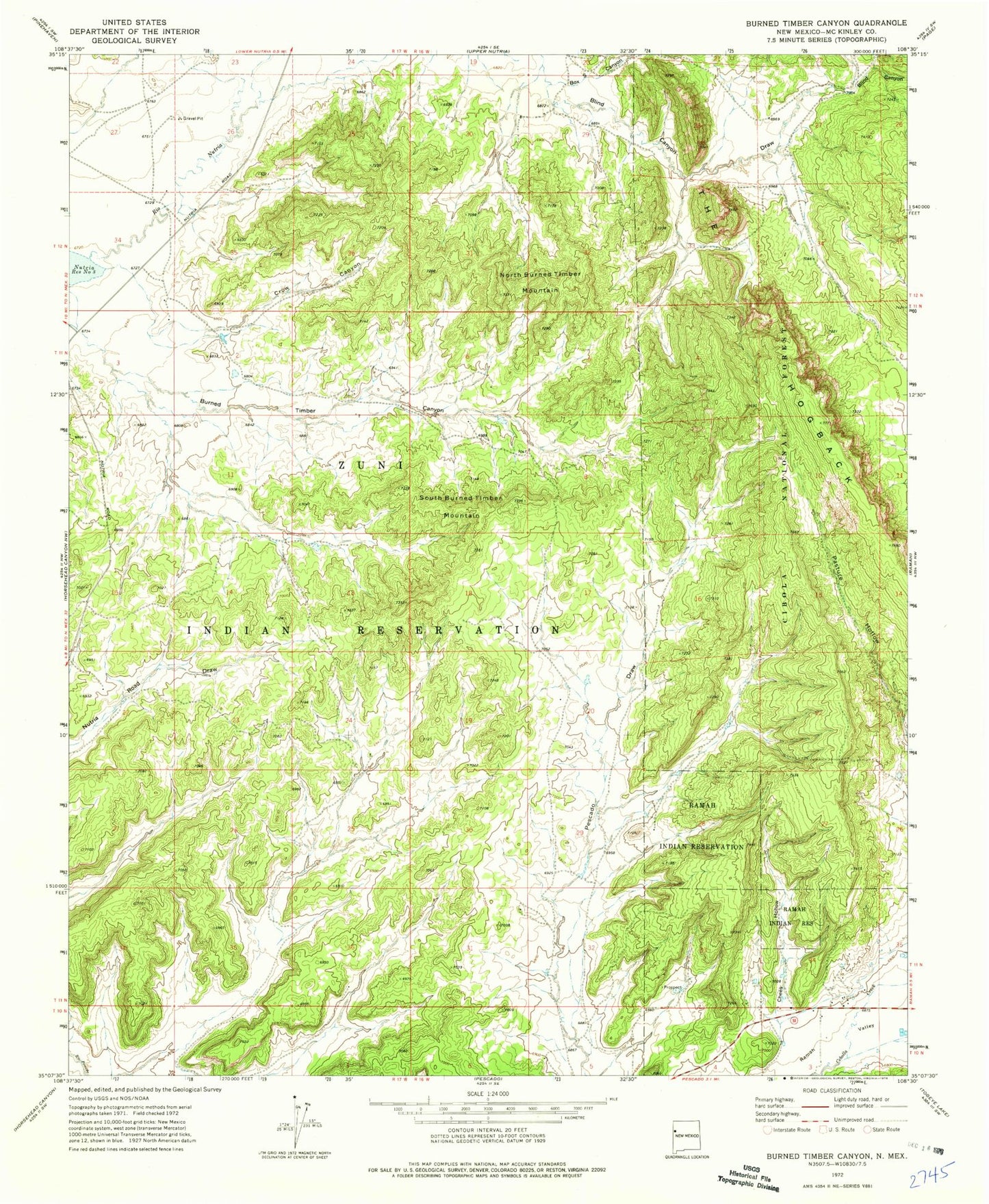 Classic USGS Burned Timber Canyon New Mexico 7.5'x7.5' Topo Map Image