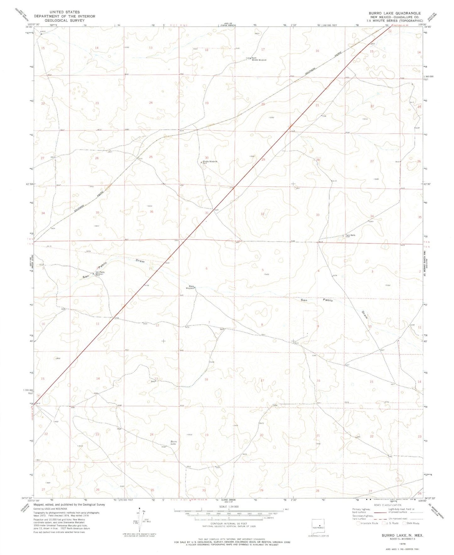 Classic USGS Burro Lake New Mexico 7.5'x7.5' Topo Map Image