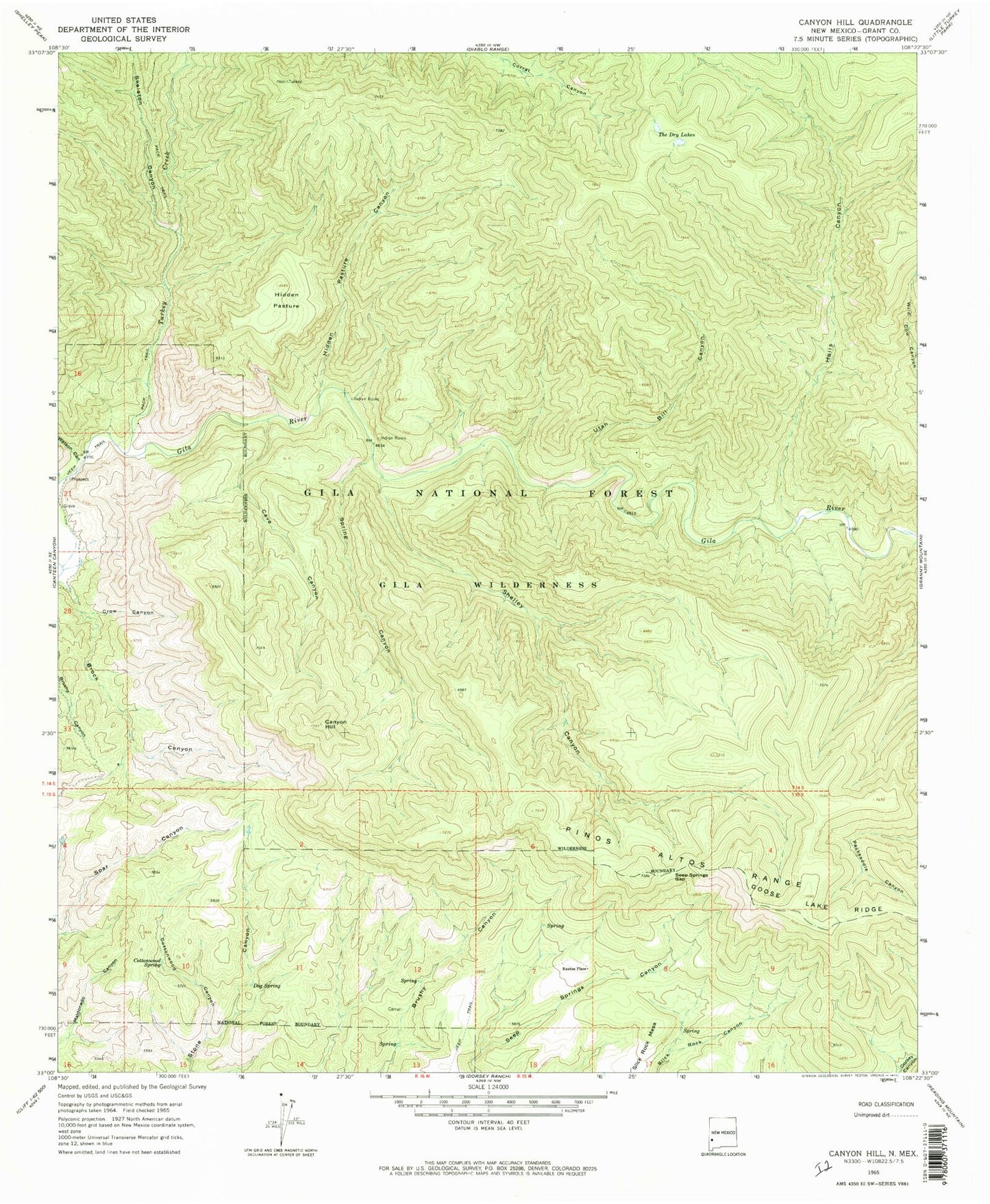Classic USGS Canyon Hill New Mexico 7.5'x7.5' Topo Map Image
