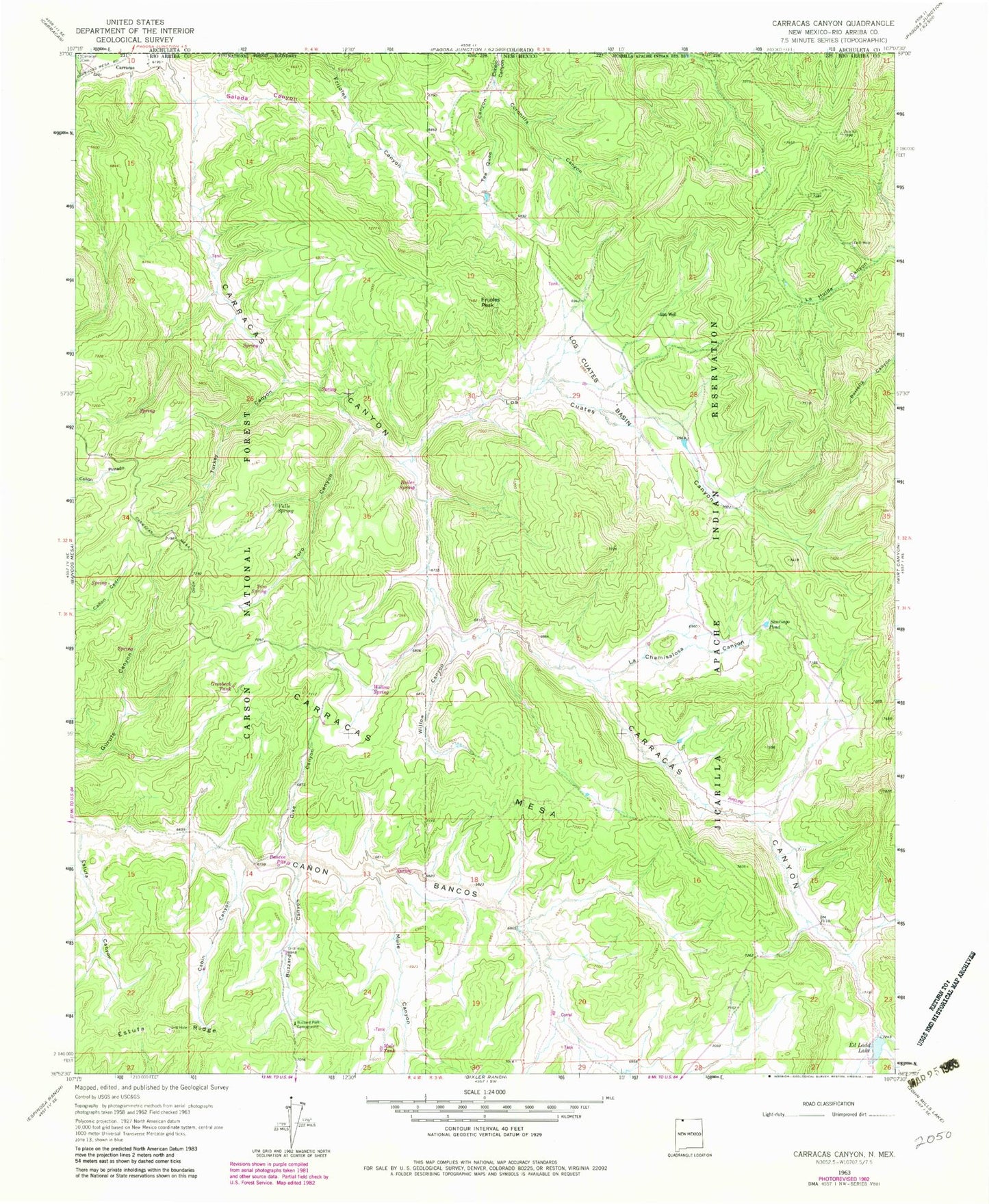 Classic USGS Carracas Canyon New Mexico 7.5'x7.5' Topo Map Image