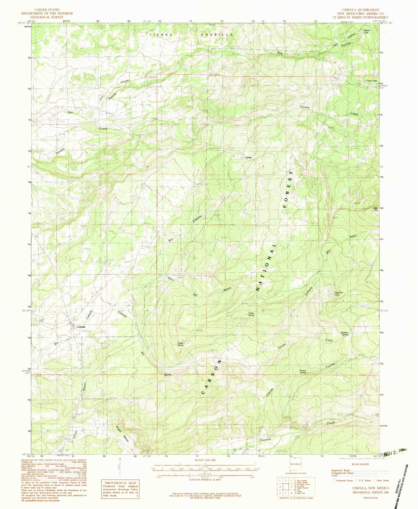 Classic USGS Cebolla New Mexico 7.5'x7.5' Topo Map Image