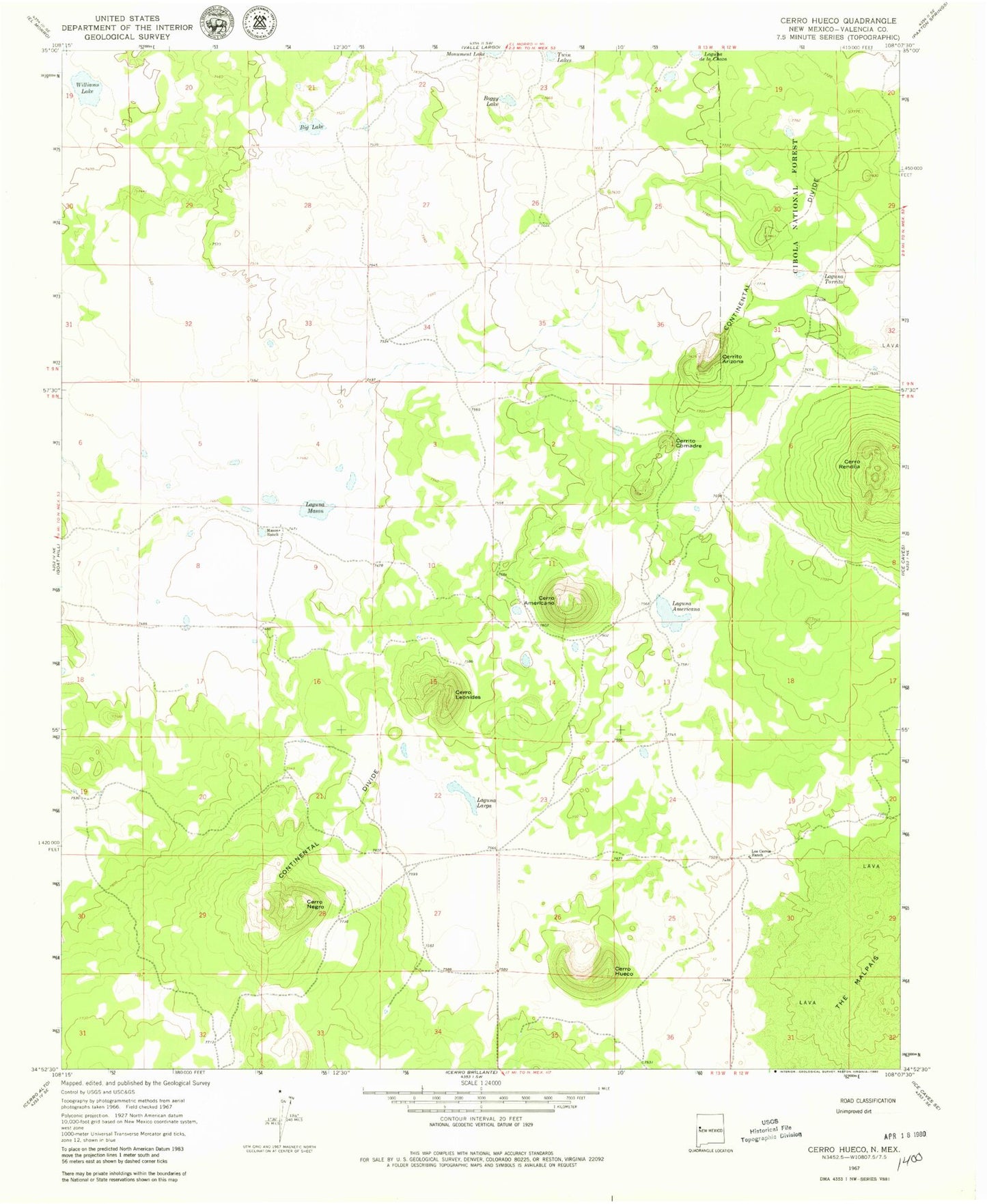 Classic USGS Cerro Hueco New Mexico 7.5'x7.5' Topo Map Image