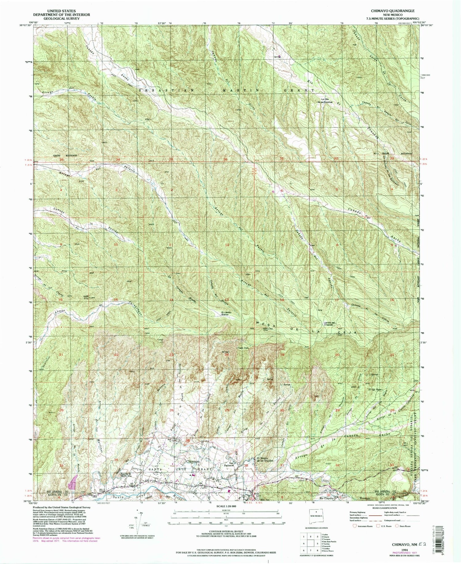 Classic USGS Chimayo New Mexico 7.5'x7.5' Topo Map Image