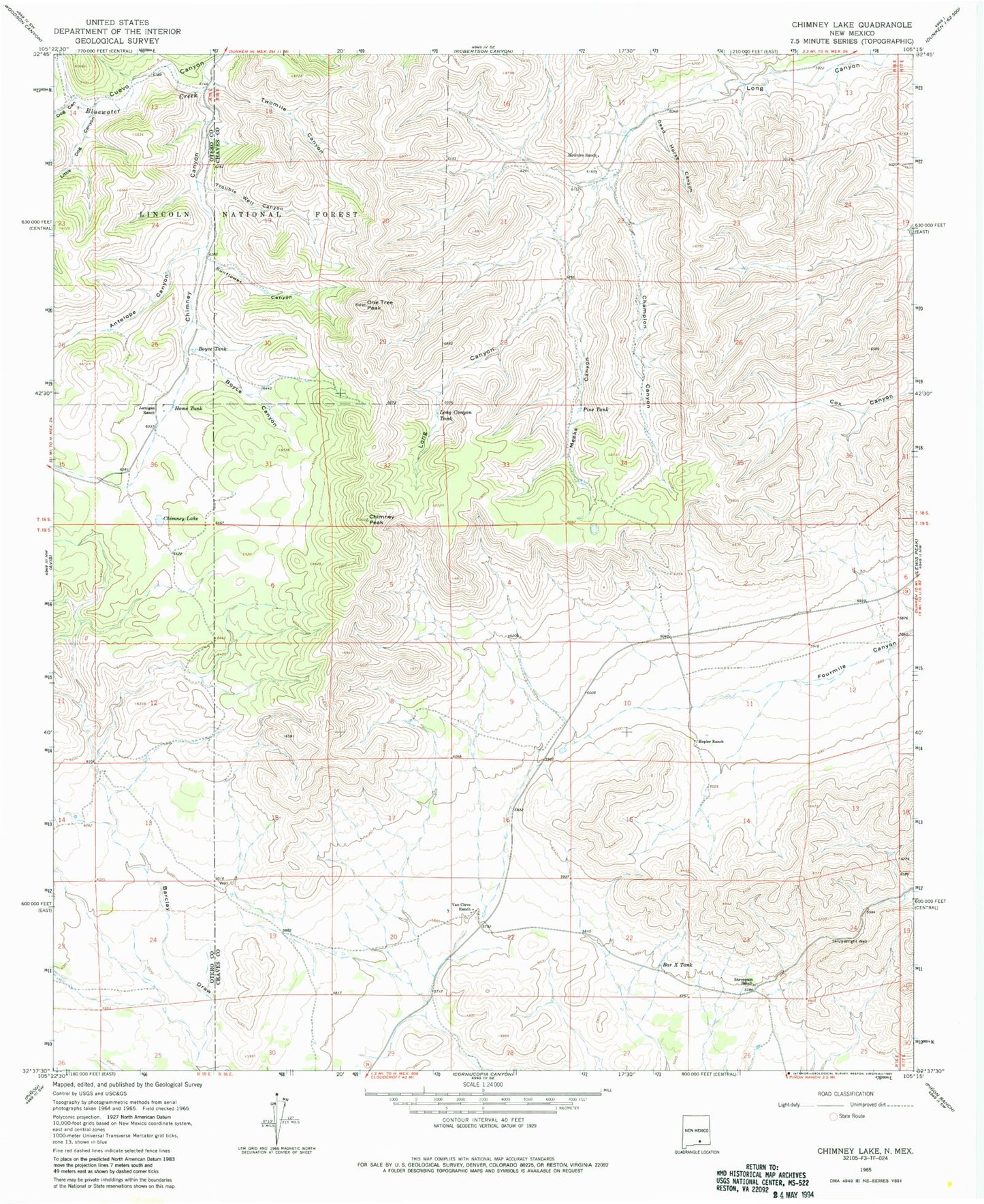 Classic USGS Chimney Lake New Mexico 7.5'x7.5' Topo Map Image