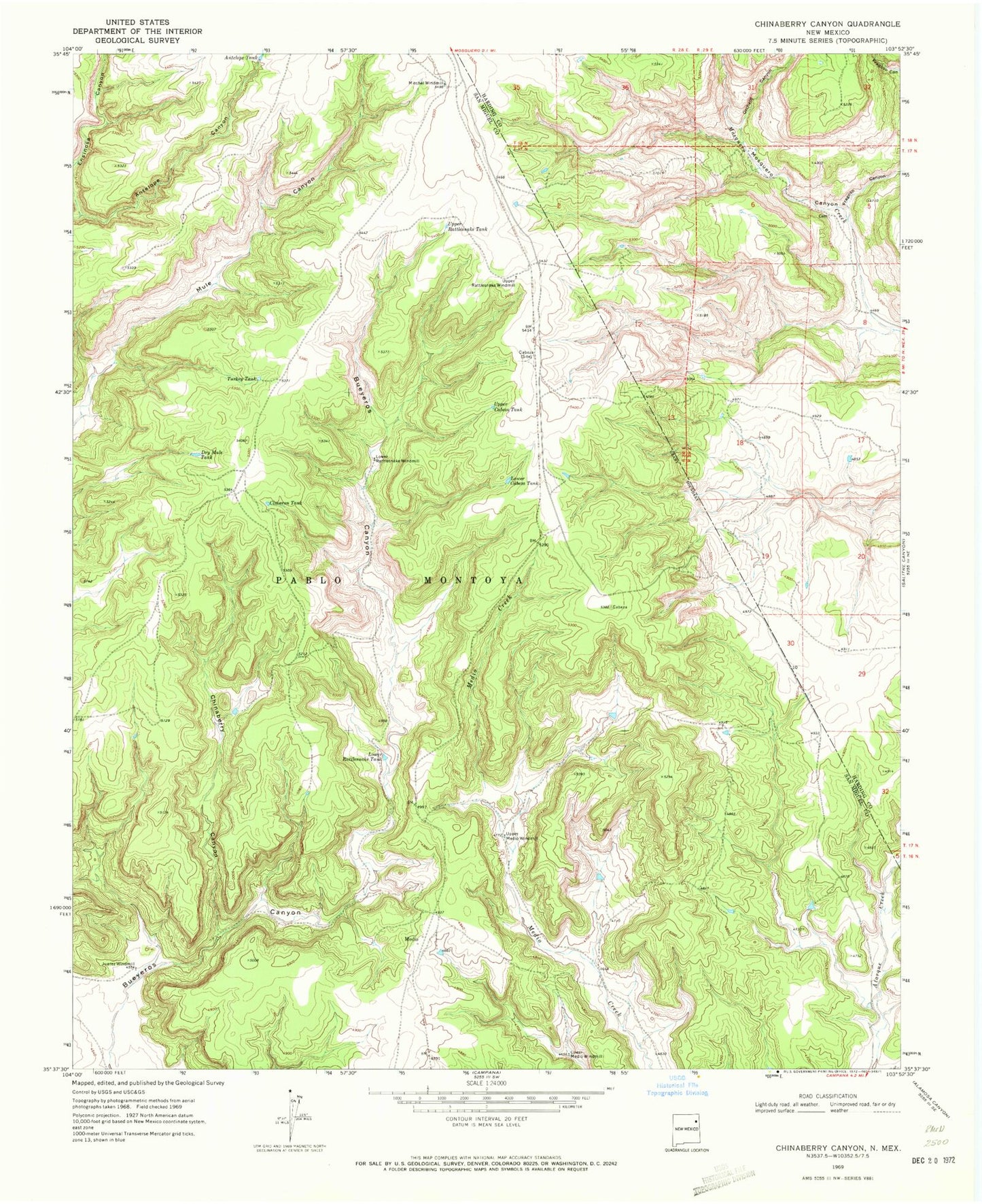 Classic USGS Chinaberry Canyon New Mexico 7.5'x7.5' Topo Map Image