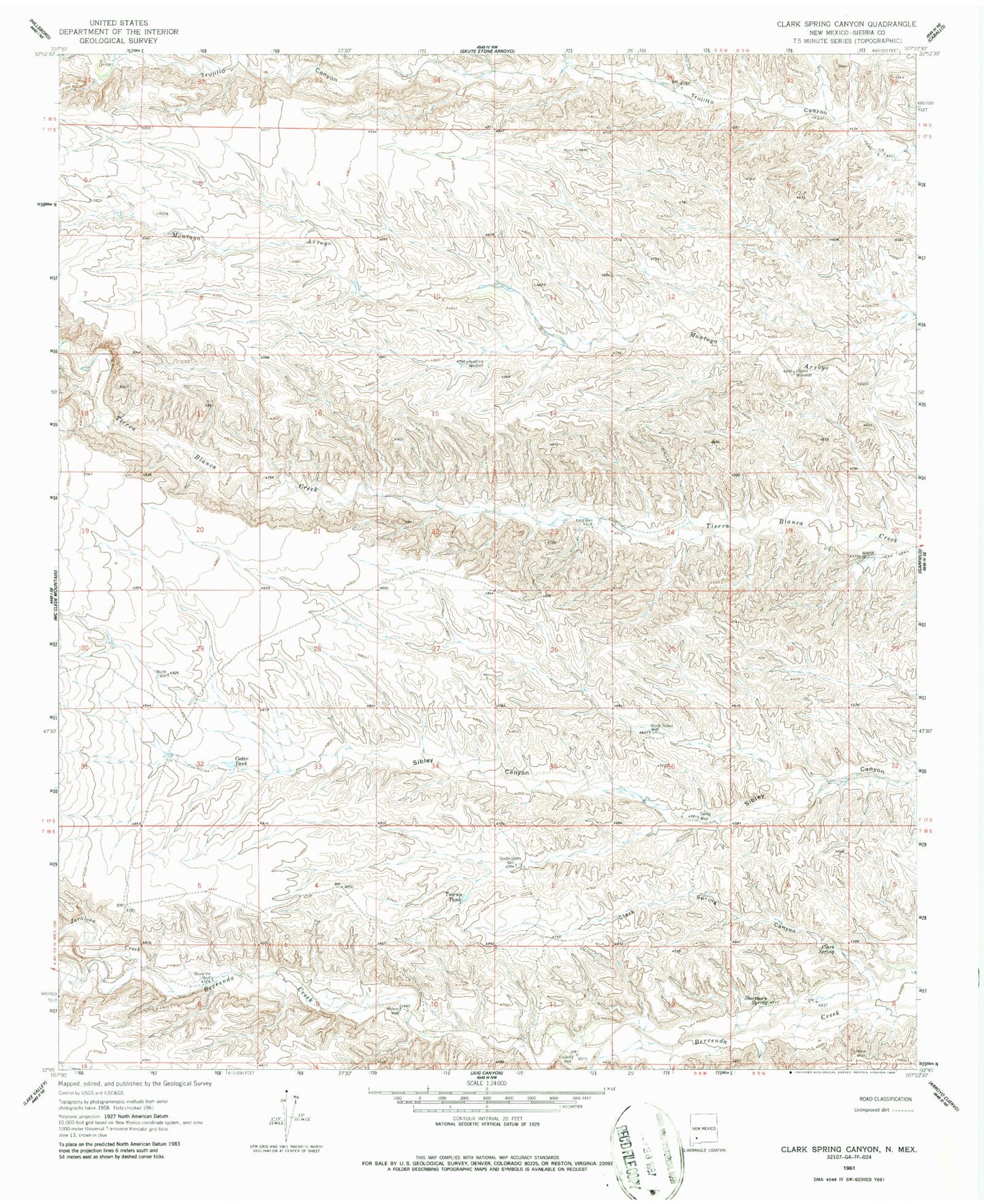 Classic USGS Clark Spring Canyon New Mexico 7.5'x7.5' Topo Map Image