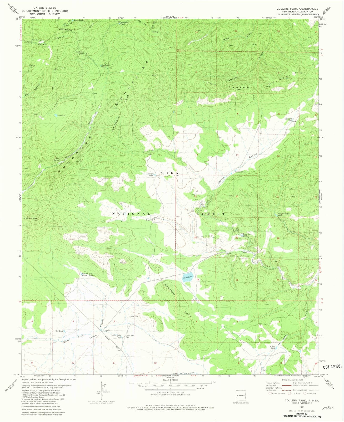 Classic USGS Collins Park New Mexico 7.5'x7.5' Topo Map Image