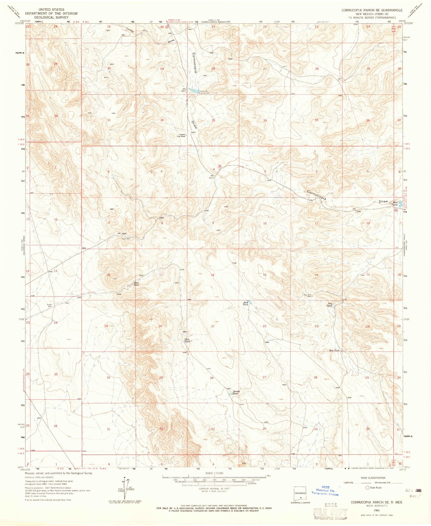 Classic USGS Cornucopia Ranch SE New Mexico 7.5'x7.5' Topo Map Image