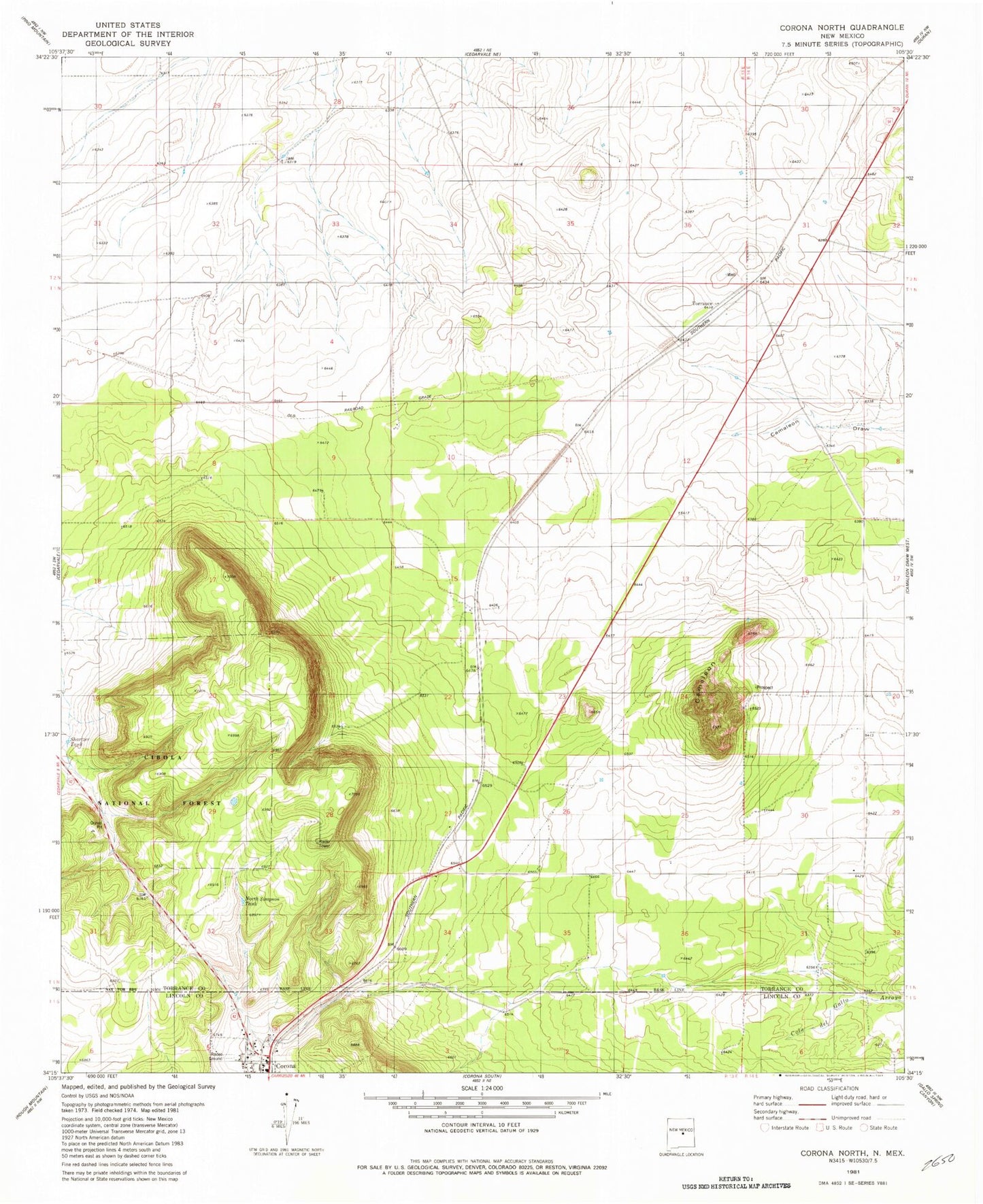 Classic USGS Corona North New Mexico 7.5'x7.5' Topo Map Image