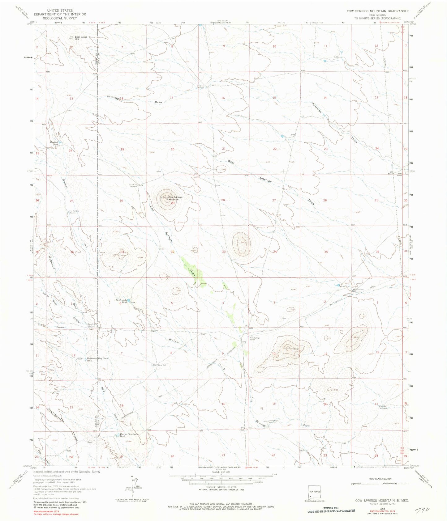 Classic USGS Cow Springs Mountain New Mexico 7.5'x7.5' Topo Map Image