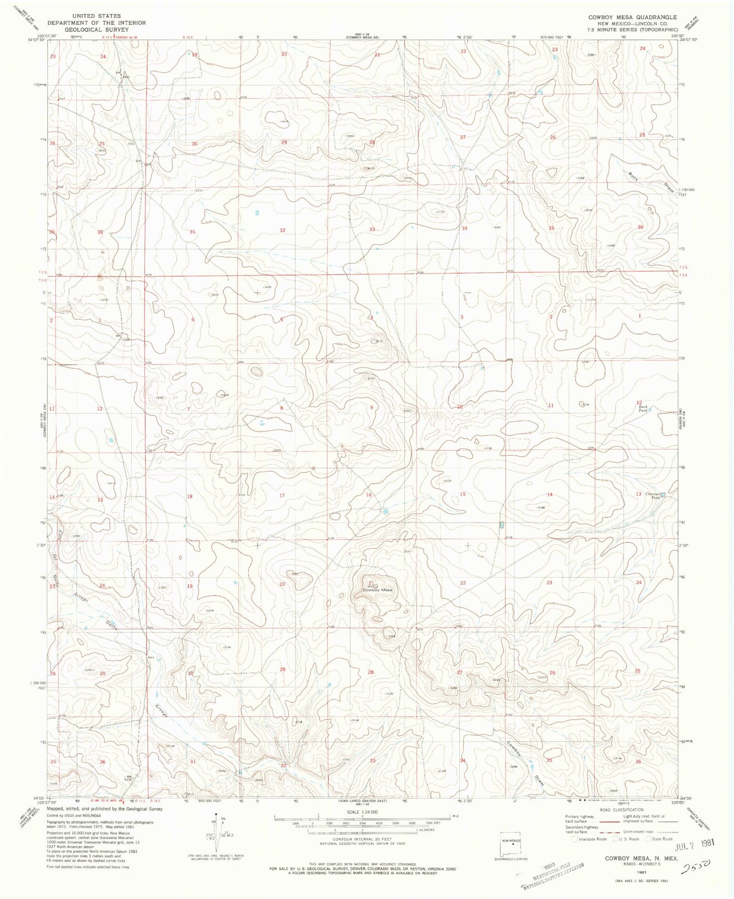 Classic USGS Cowboy Mesa New Mexico 7.5'x7.5' Topo Map Image