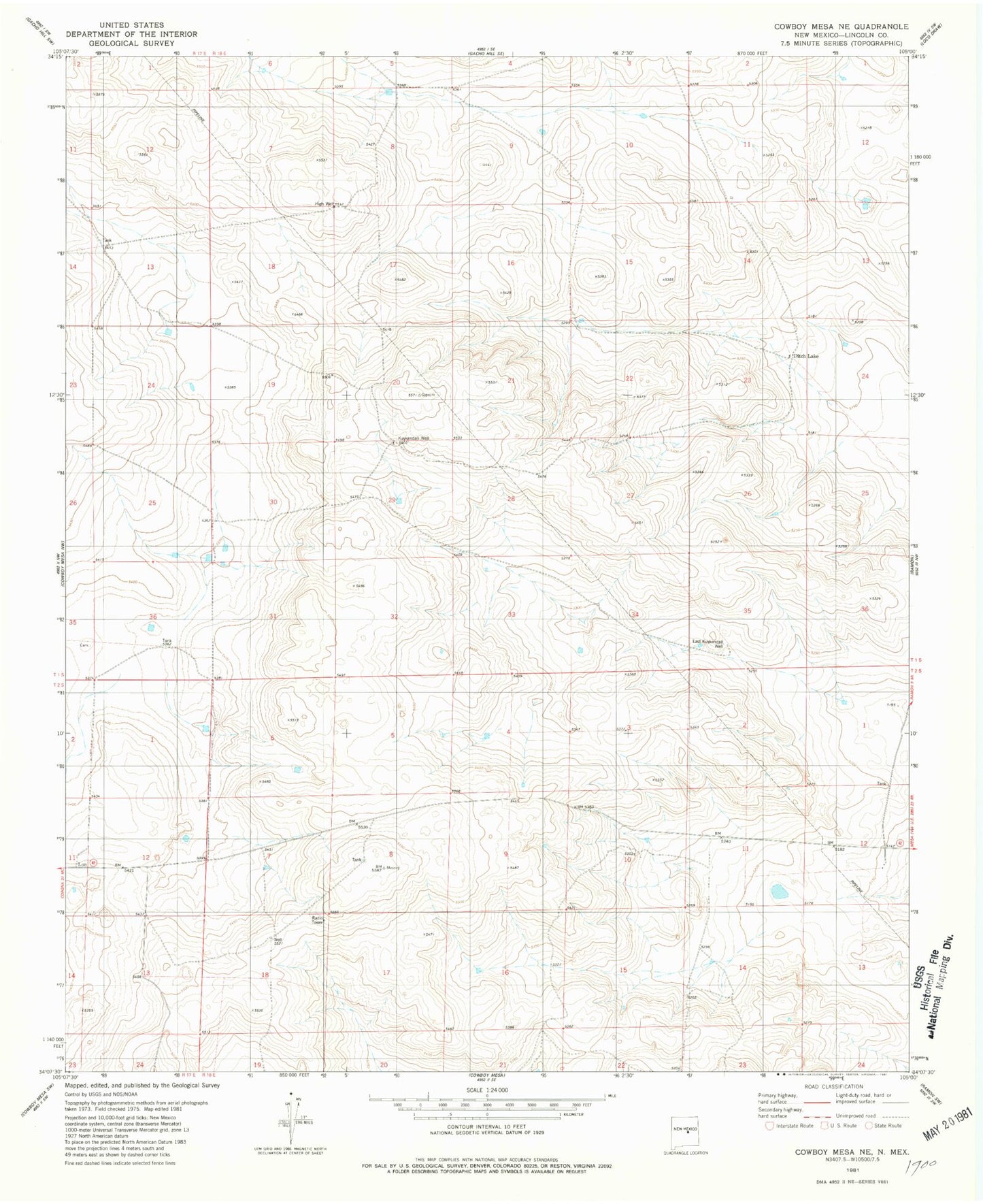 Classic USGS Cowboy Mesa NE New Mexico 7.5'x7.5' Topo Map Image