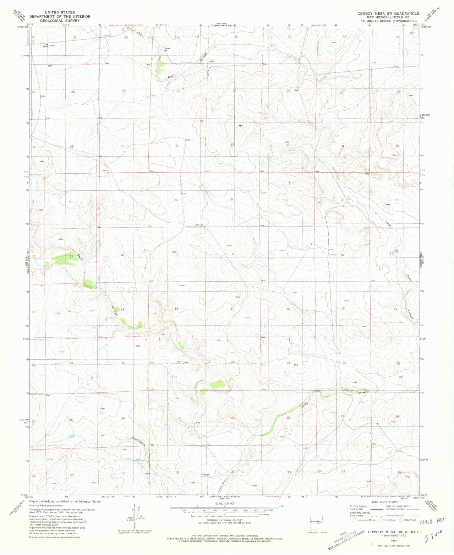 Classic USGS Cowboy Mesa SW New Mexico 7.5'x7.5' Topo Map Image