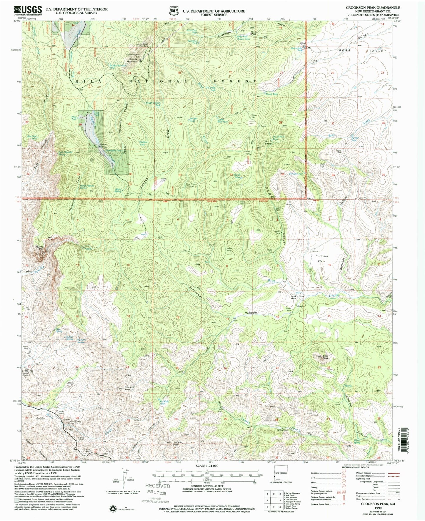 Classic USGS Crookson Peak New Mexico 7.5'x7.5' Topo Map Image