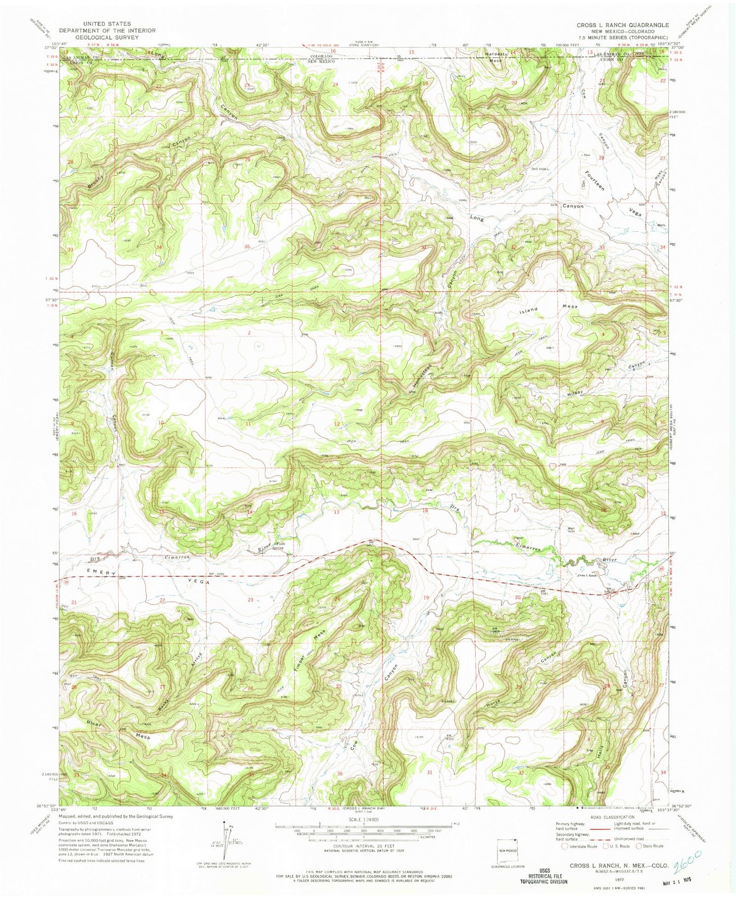 Classic USGS Cross L Ranch New Mexico 7.5'x7.5' Topo Map Image