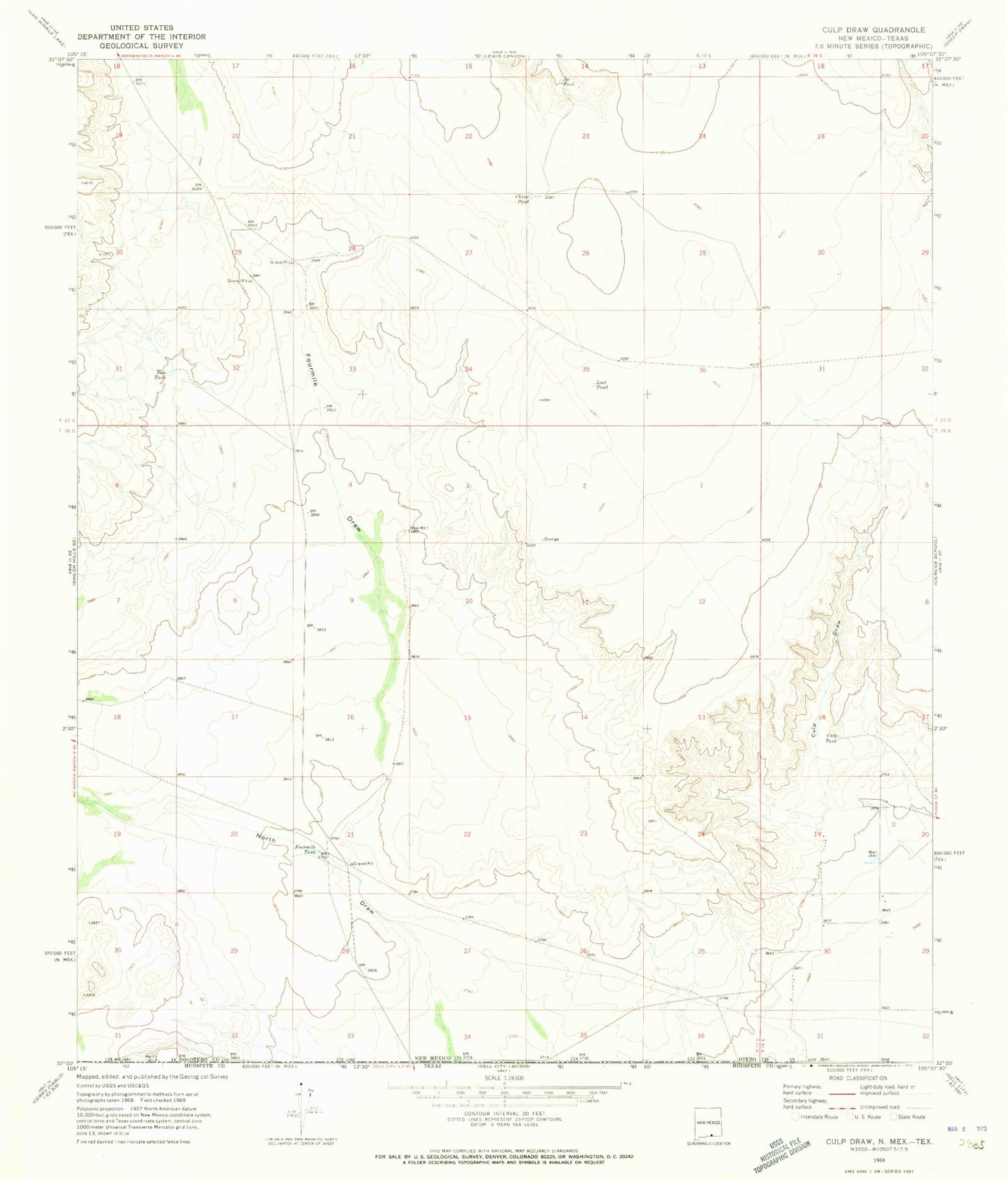 Classic USGS Culp Draw New Mexico 7.5'x7.5' Topo Map Image