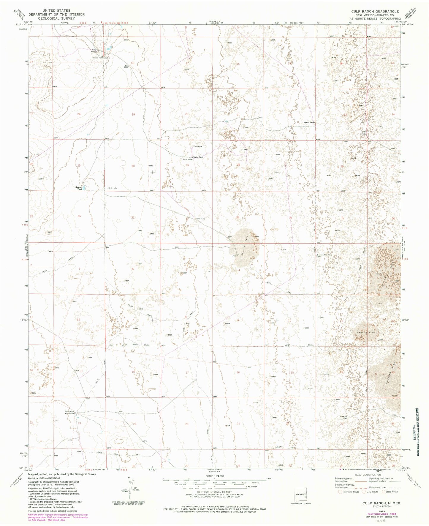 Classic USGS Culp Ranch New Mexico 7.5'x7.5' Topo Map Image