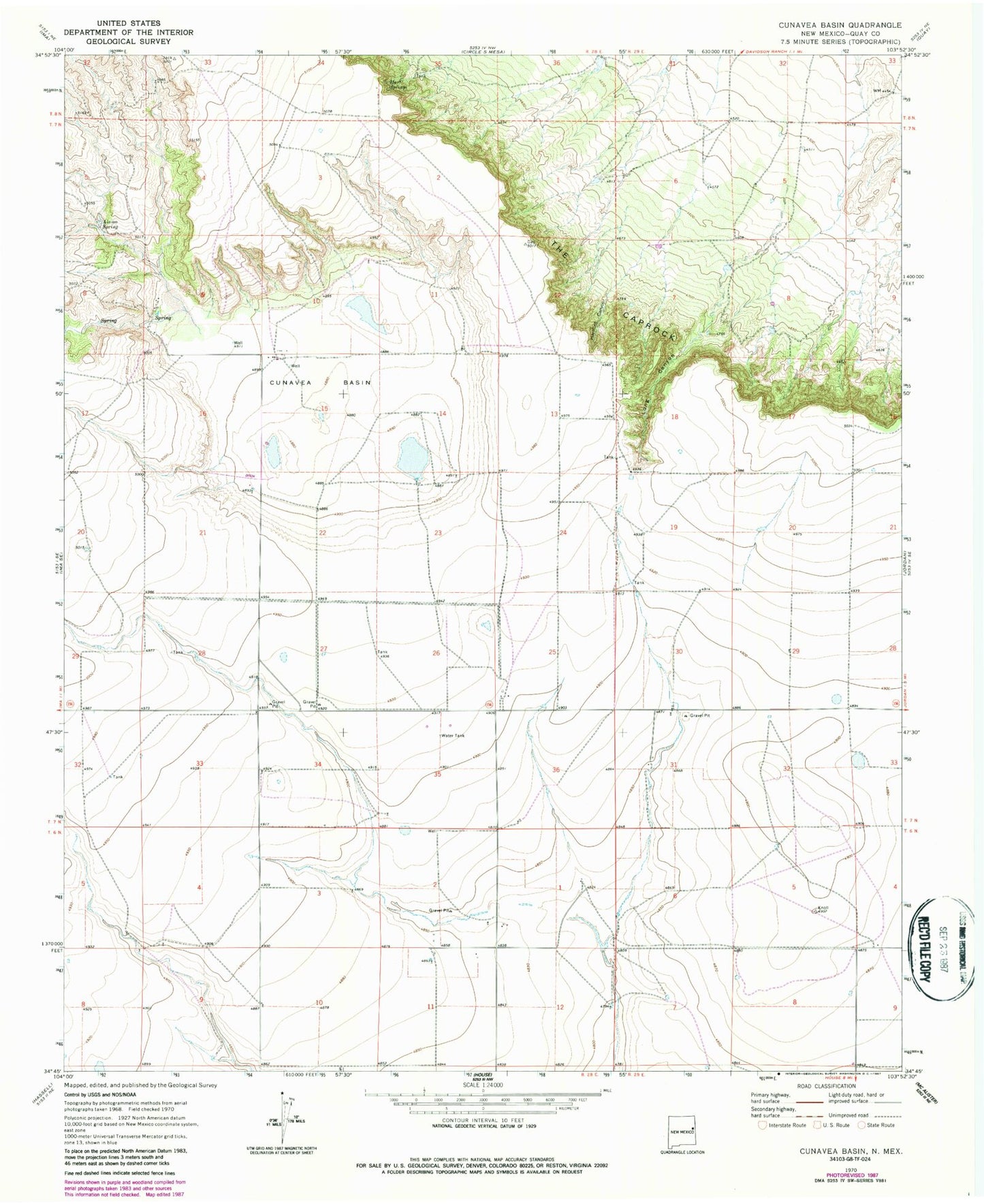 Classic USGS Cunavea Basin New Mexico 7.5'x7.5' Topo Map Image