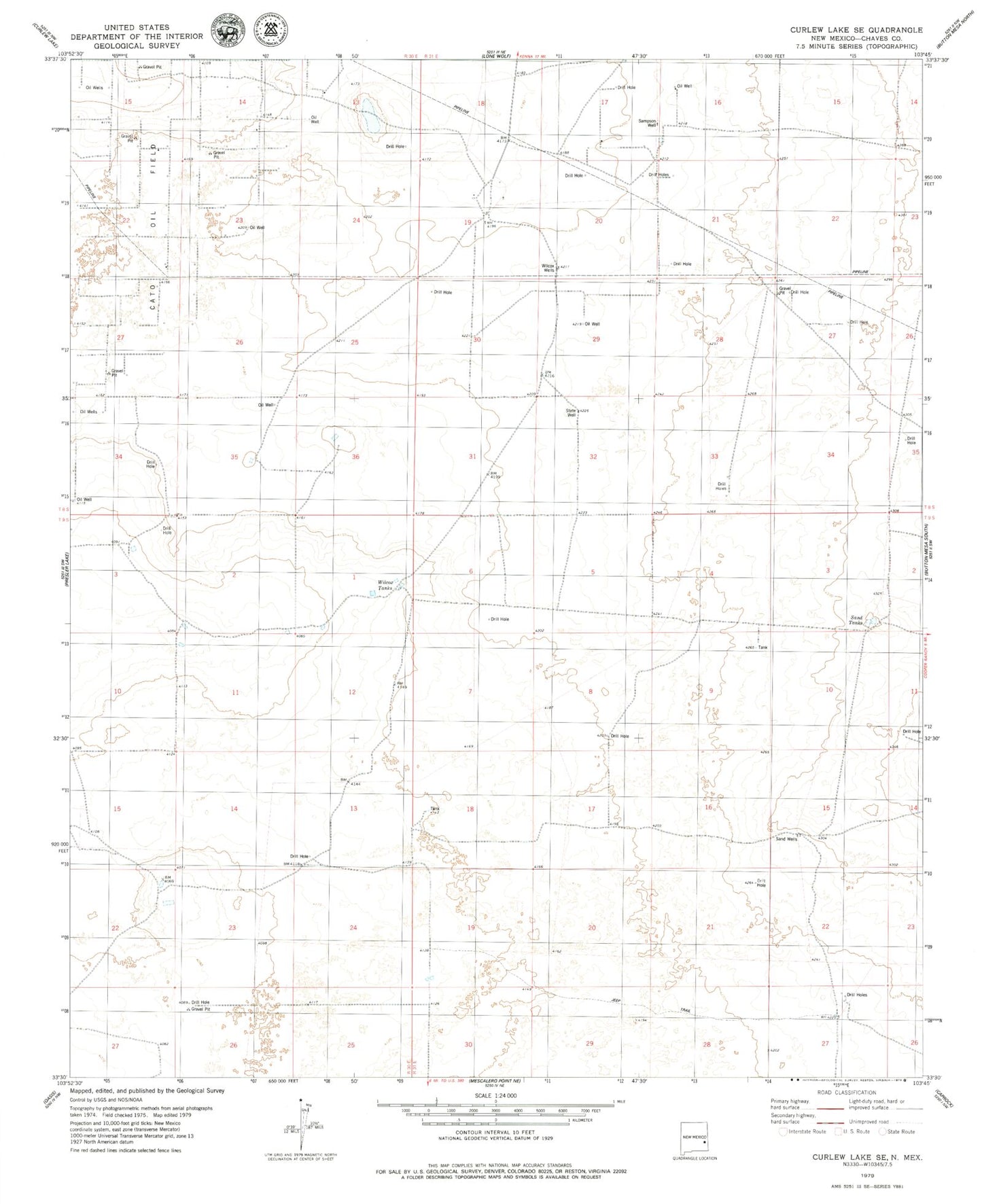 Classic USGS Curlew Lake SE New Mexico 7.5'x7.5' Topo Map Image