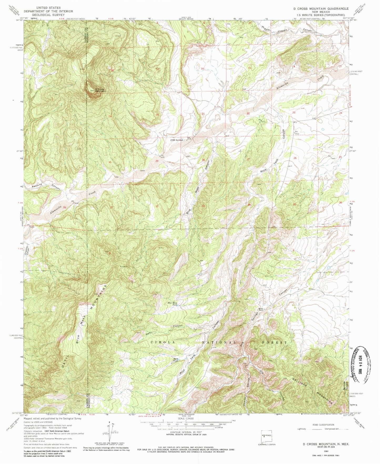 Classic USGS D Cross Mountain New Mexico 7.5'x7.5' Topo Map Image