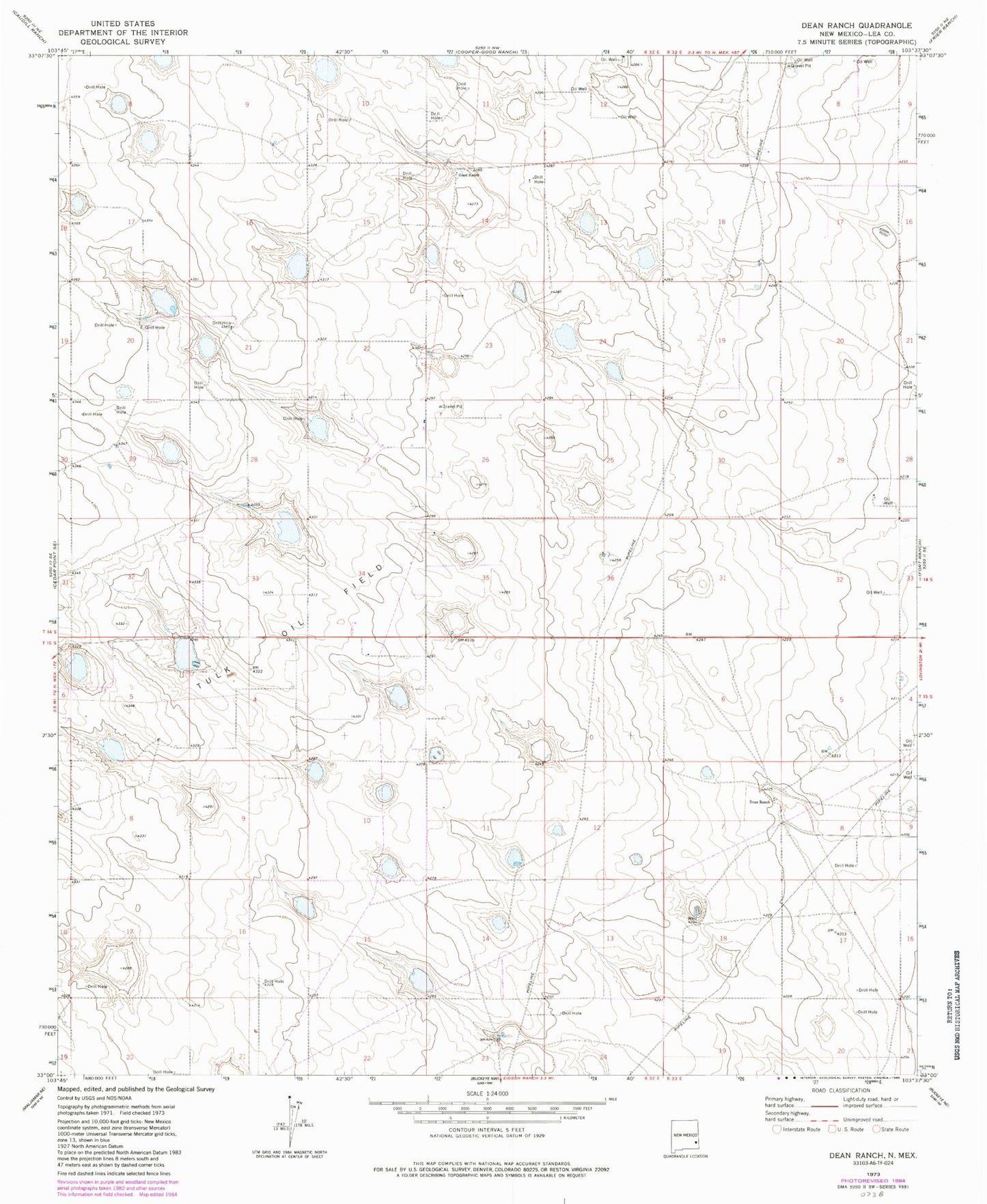 Classic USGS Dean Ranch New Mexico 7.5'x7.5' Topo Map Image