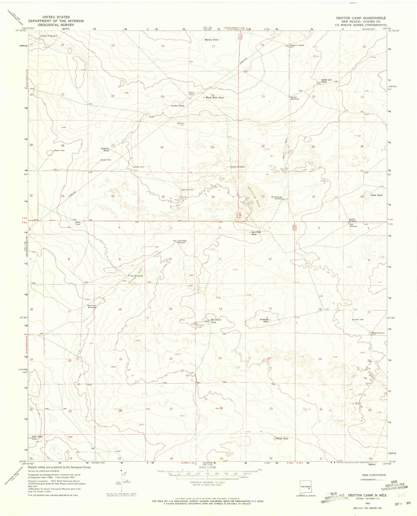 Classic USGS Denton Camp New Mexico 7.5'x7.5' Topo Map Image