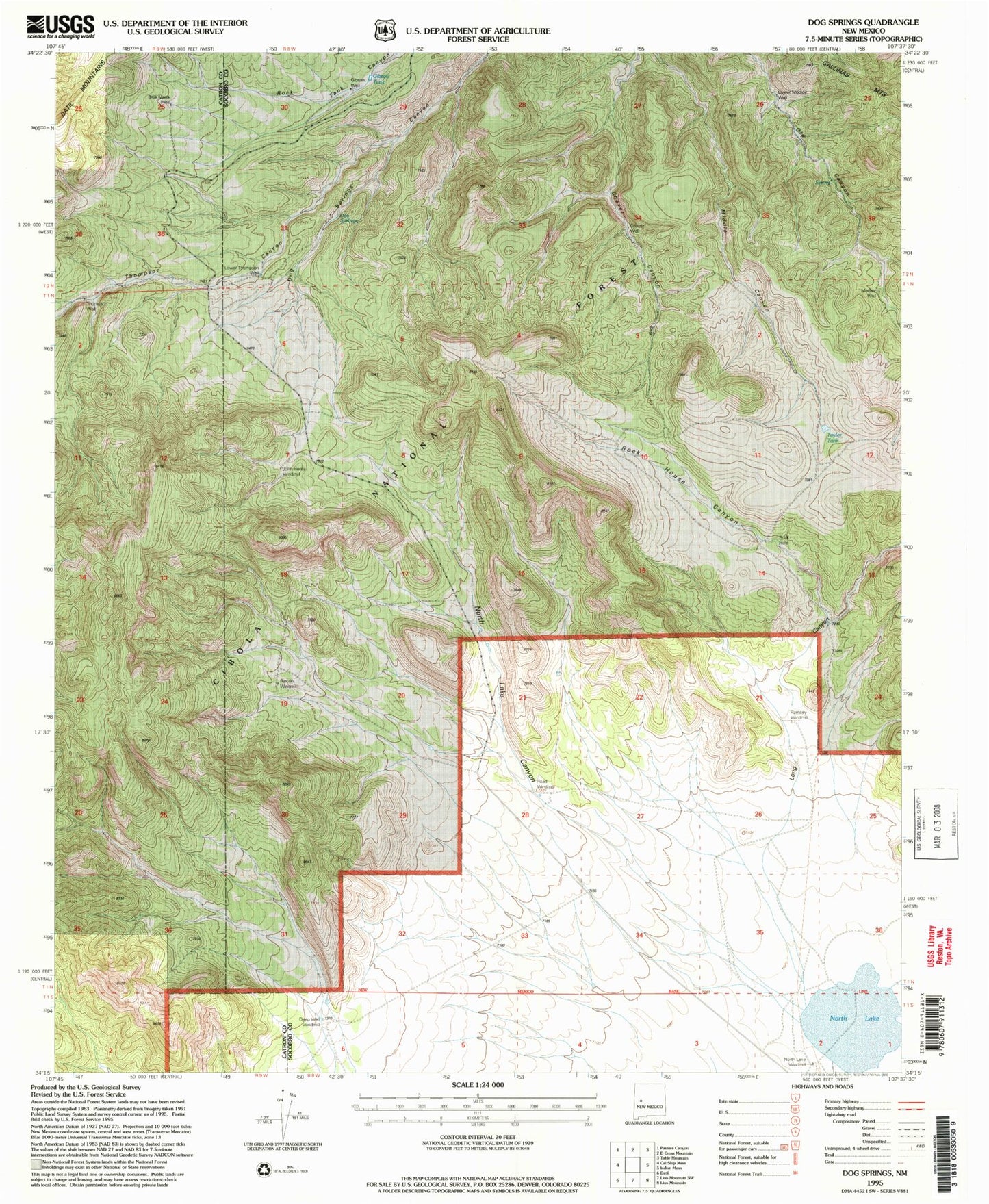 Classic USGS Dog Springs New Mexico 7.5'x7.5' Topo Map Image