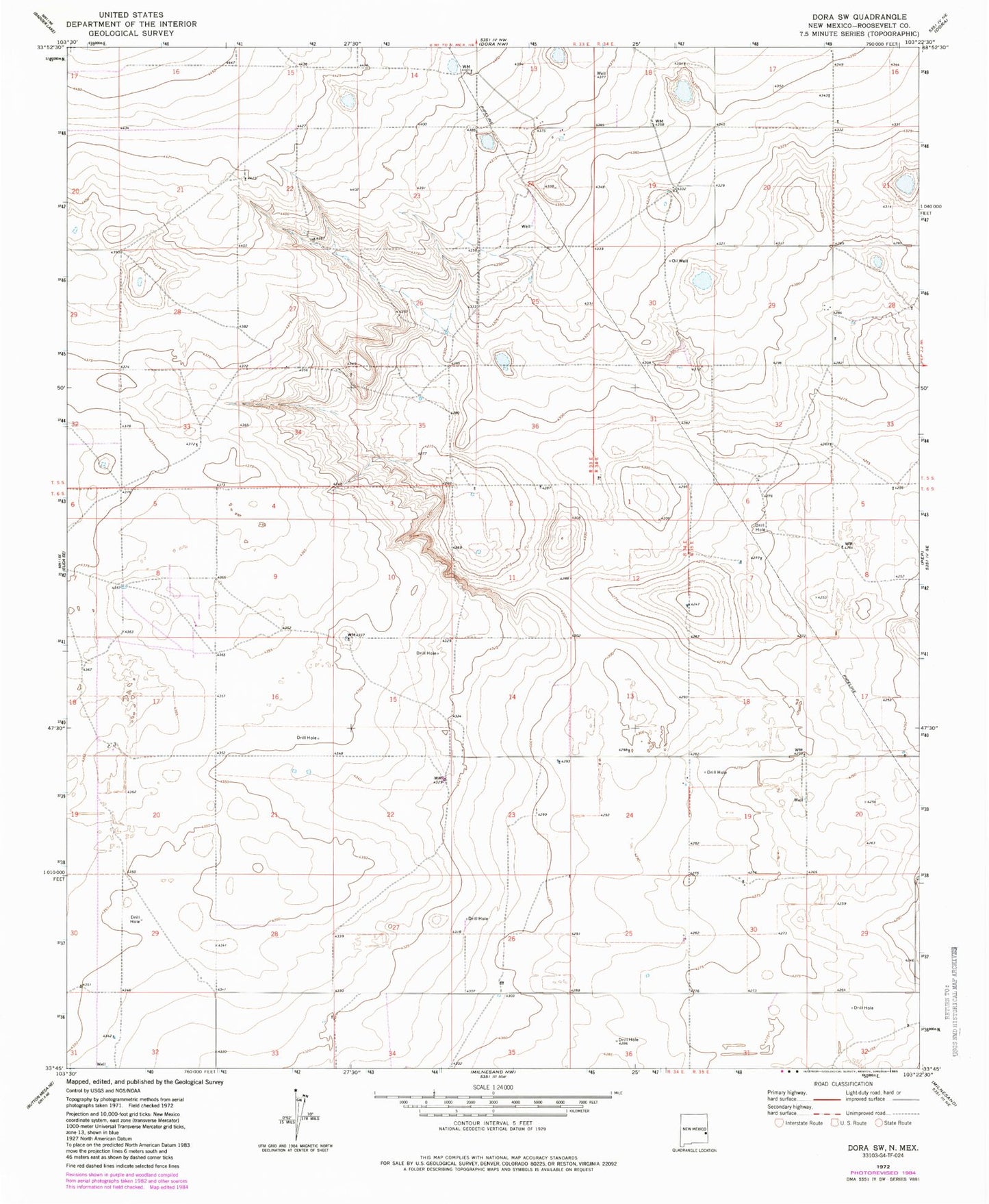 Classic USGS Dora SW New Mexico 7.5'x7.5' Topo Map Image