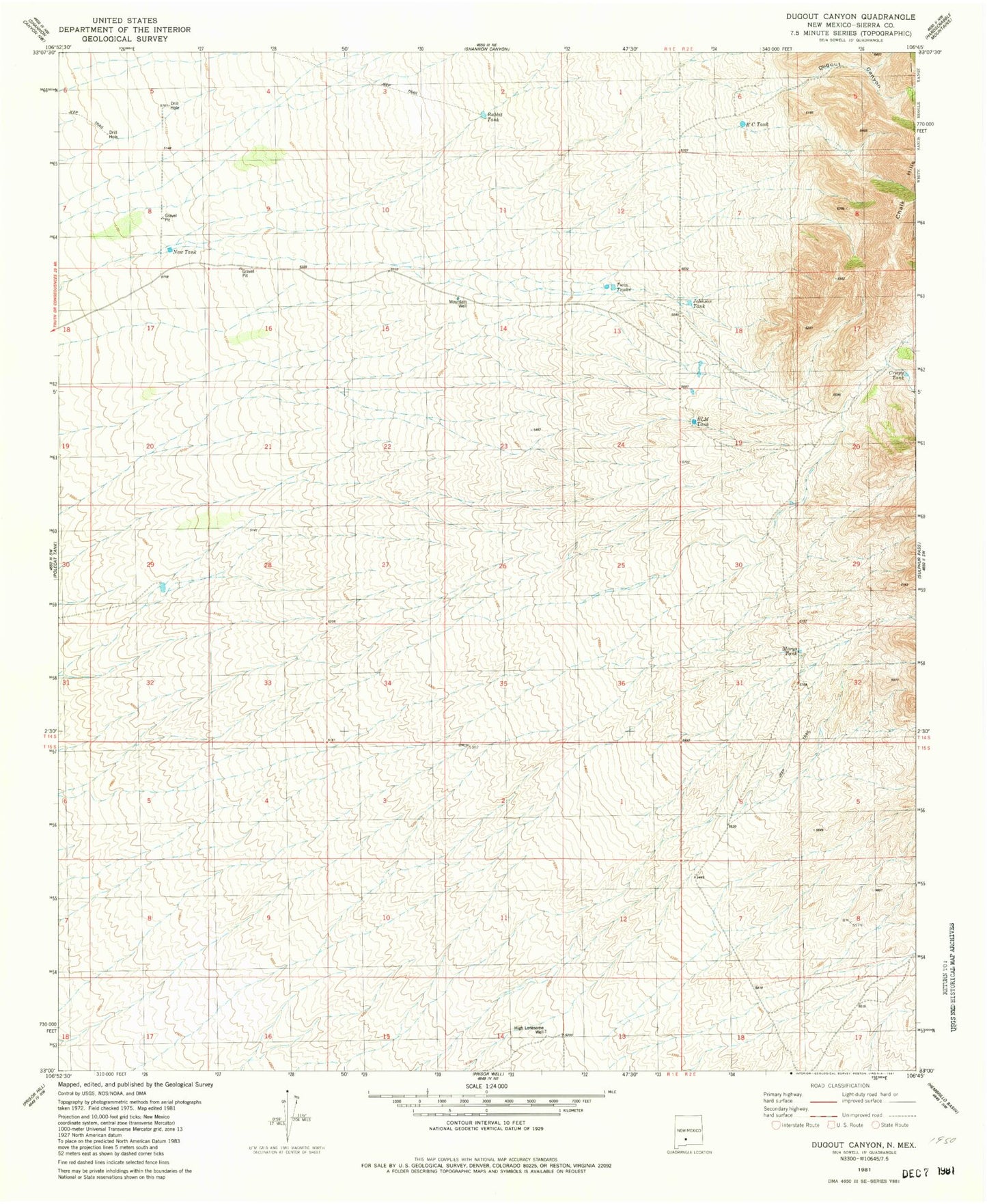 Classic USGS Dugout Canyon New Mexico 7.5'x7.5' Topo Map Image