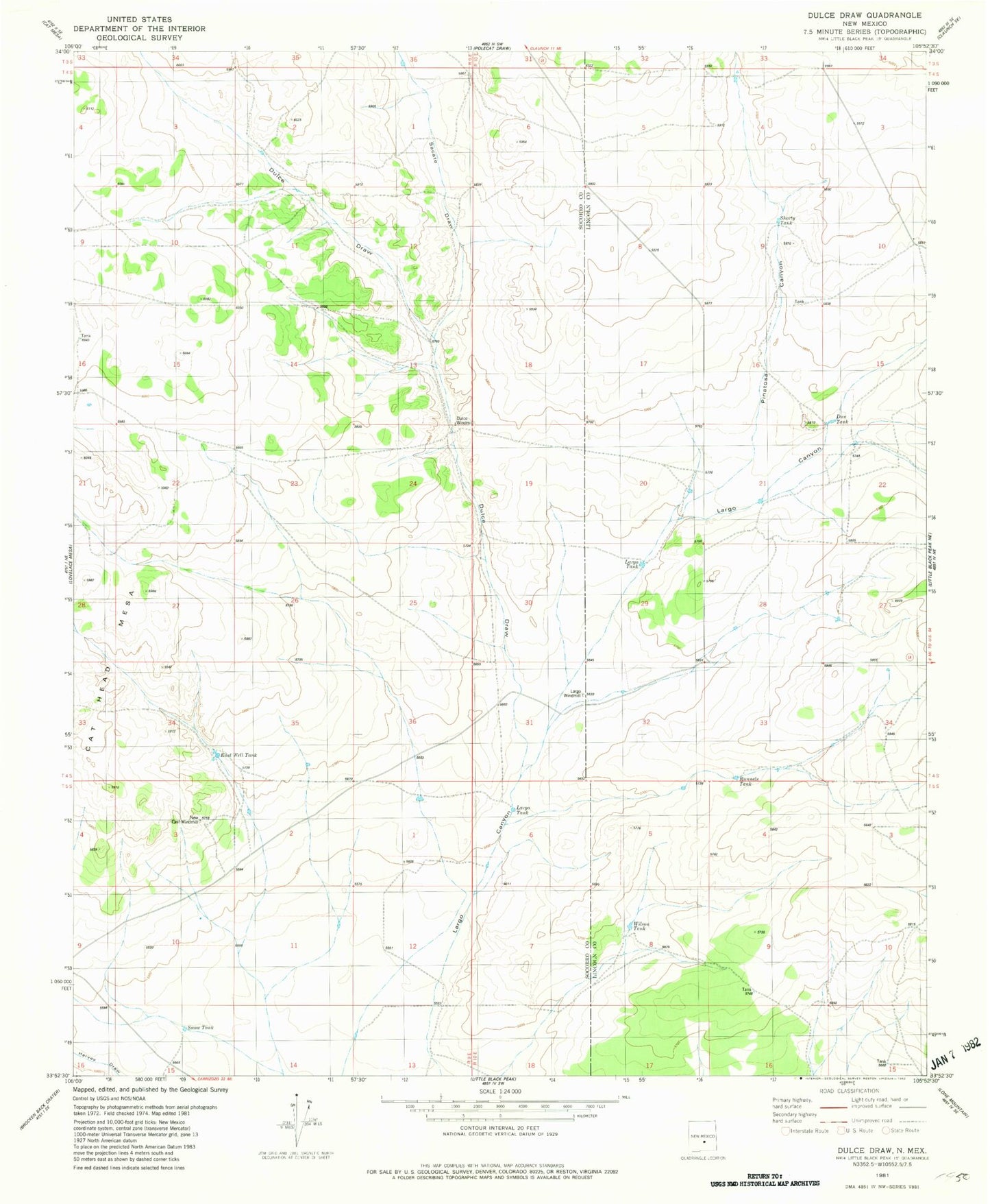 Classic USGS Dulce Draw New Mexico 7.5'x7.5' Topo Map Image