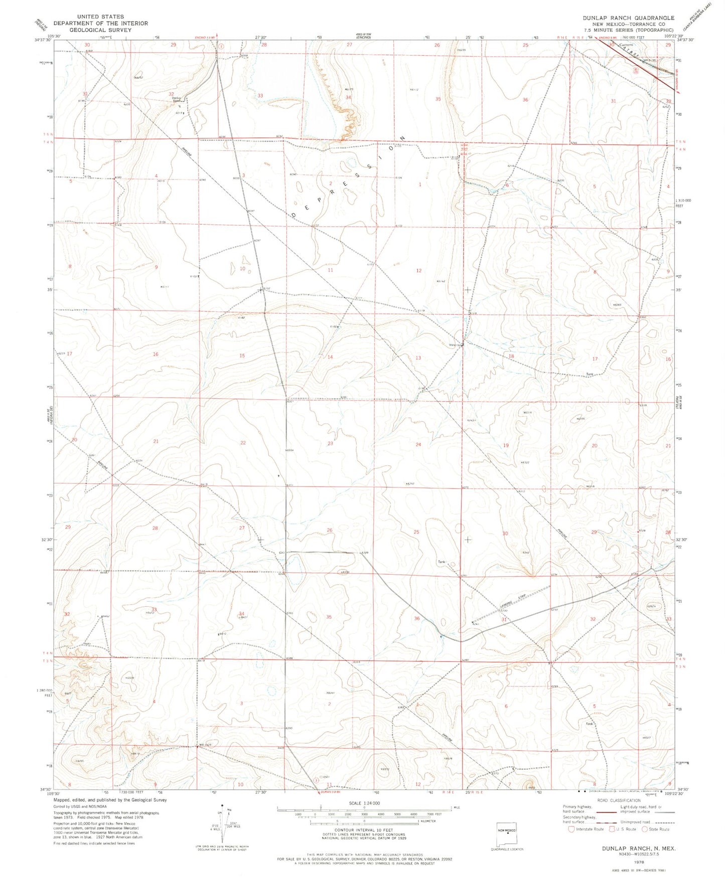 Classic USGS Dunlap Ranch New Mexico 7.5'x7.5' Topo Map Image
