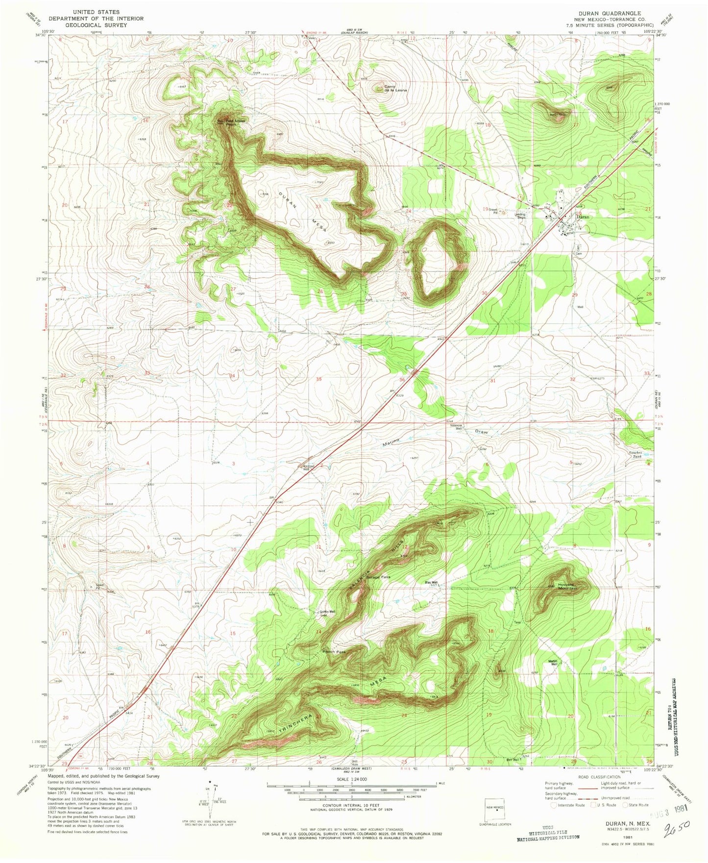 Classic USGS Duran New Mexico 7.5'x7.5' Topo Map Image