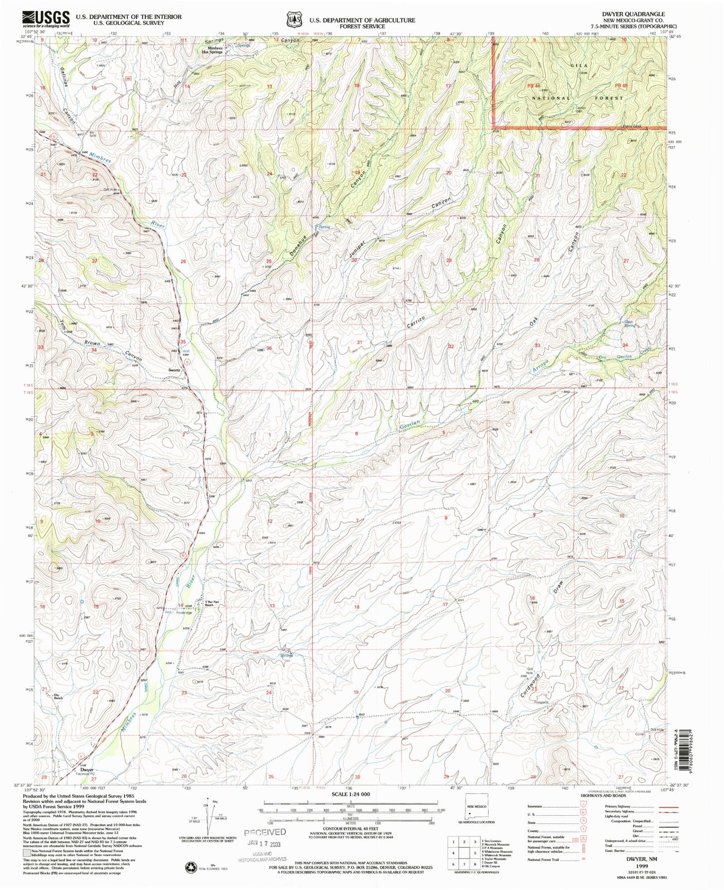 Classic USGS Dwyer New Mexico 7.5'x7.5' Topo Map Image