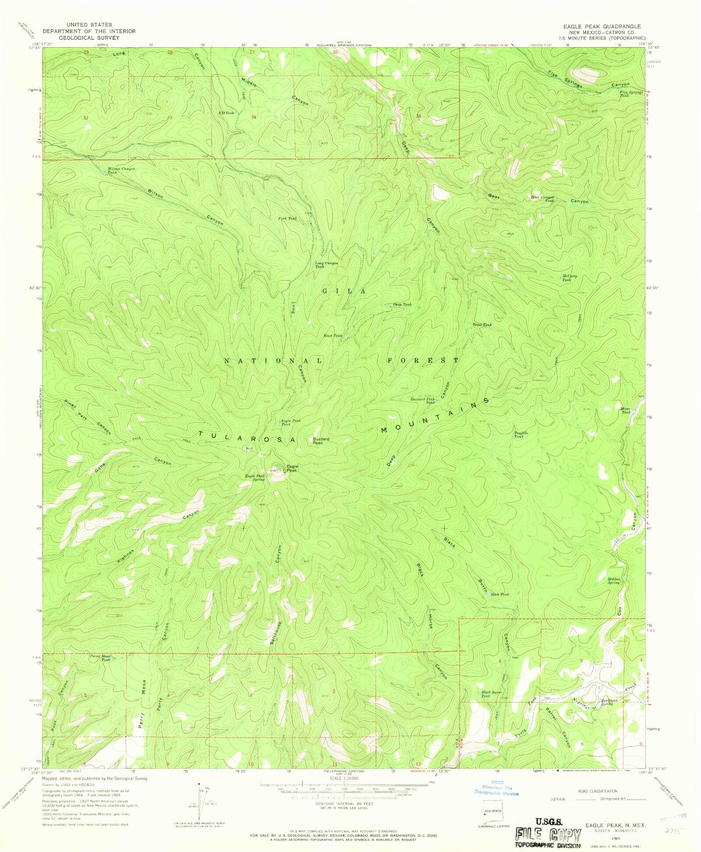 Classic USGS Eagle Peak New Mexico 7.5'x7.5' Topo Map Image