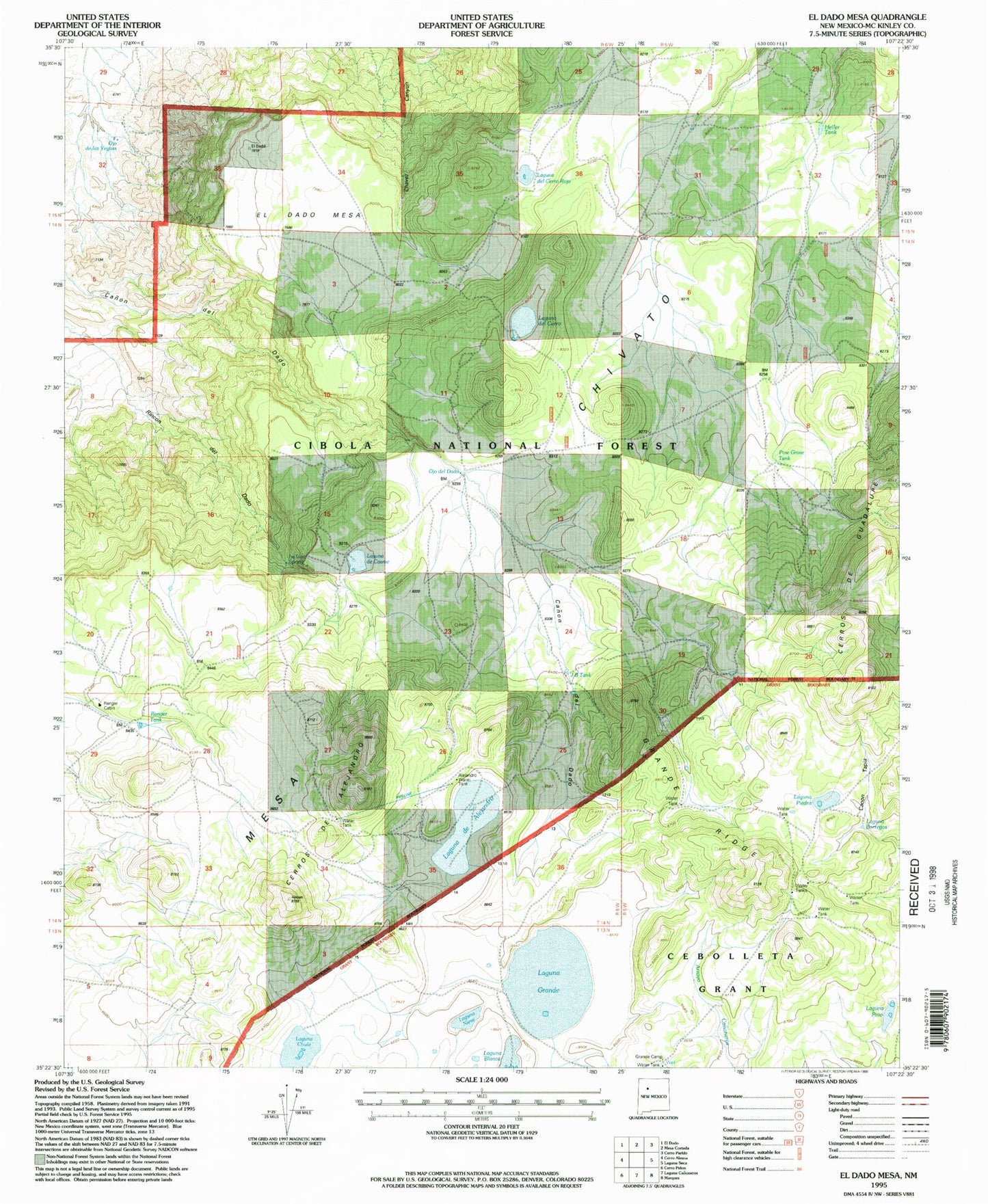 Classic USGS El Dado Mesa New Mexico 7.5'x7.5' Topo Map Image