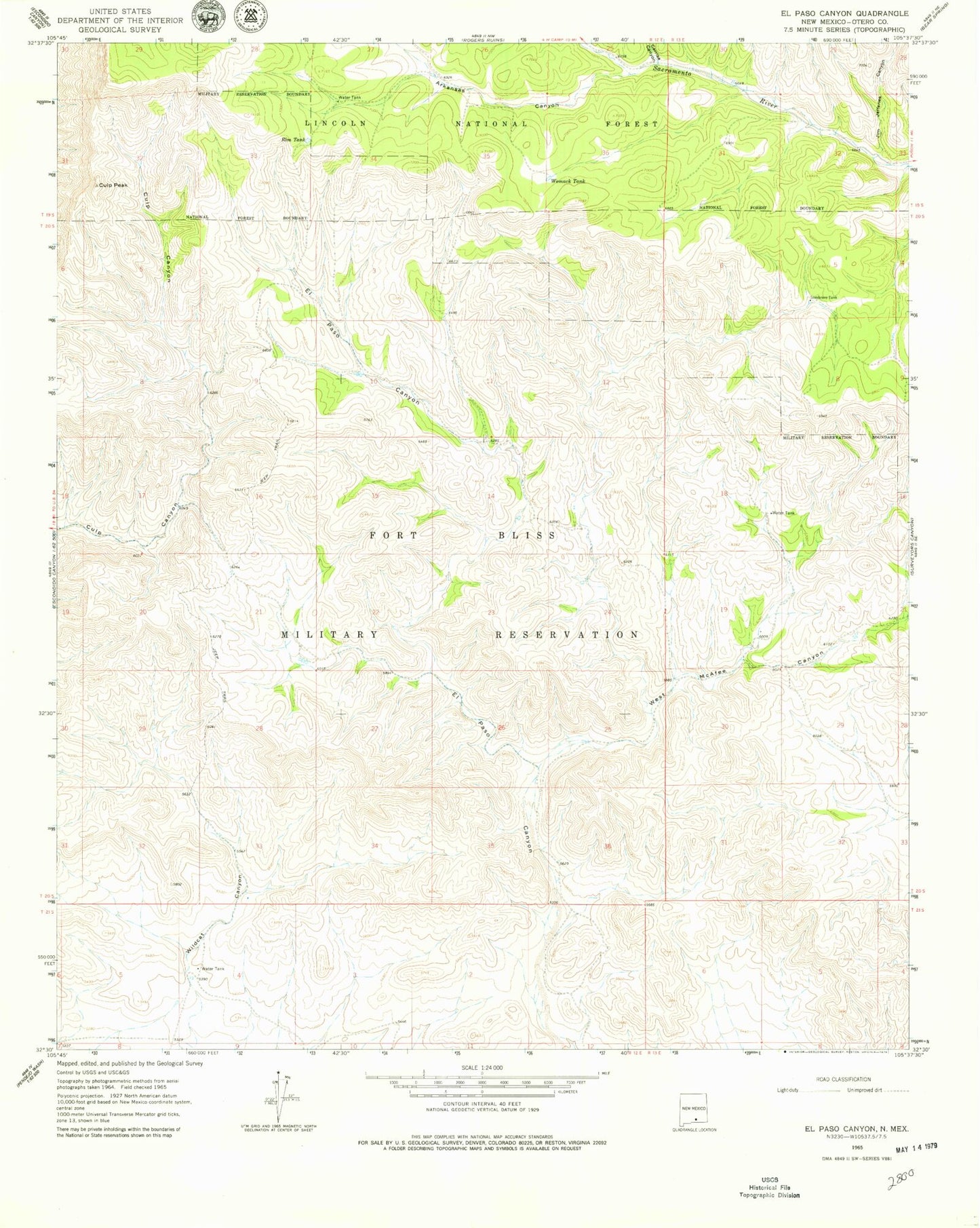 Classic USGS El Paso Canyon New Mexico 7.5'x7.5' Topo Map Image
