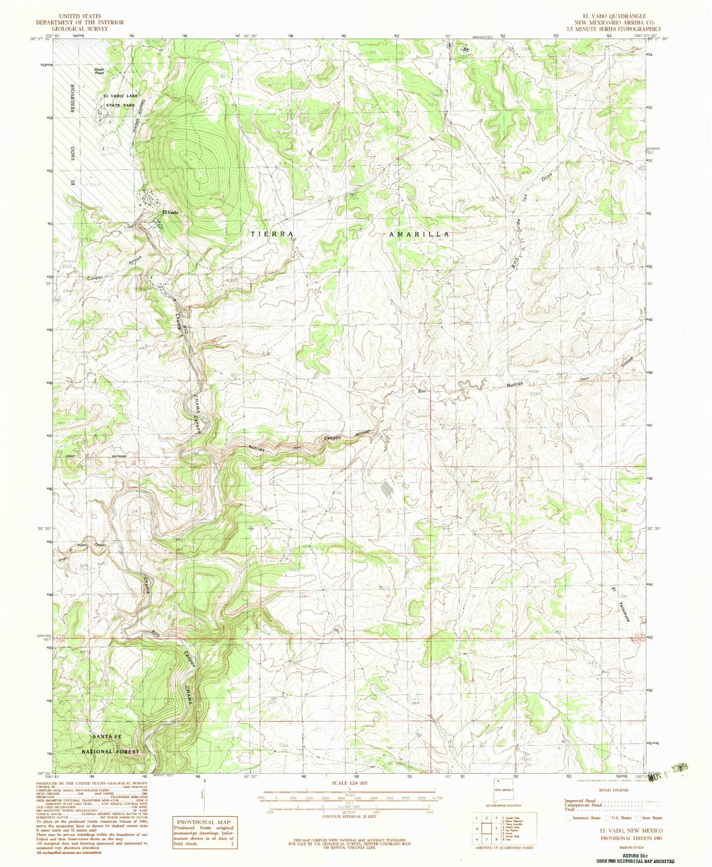 Classic USGS El Vado New Mexico 7.5'x7.5' Topo Map Image