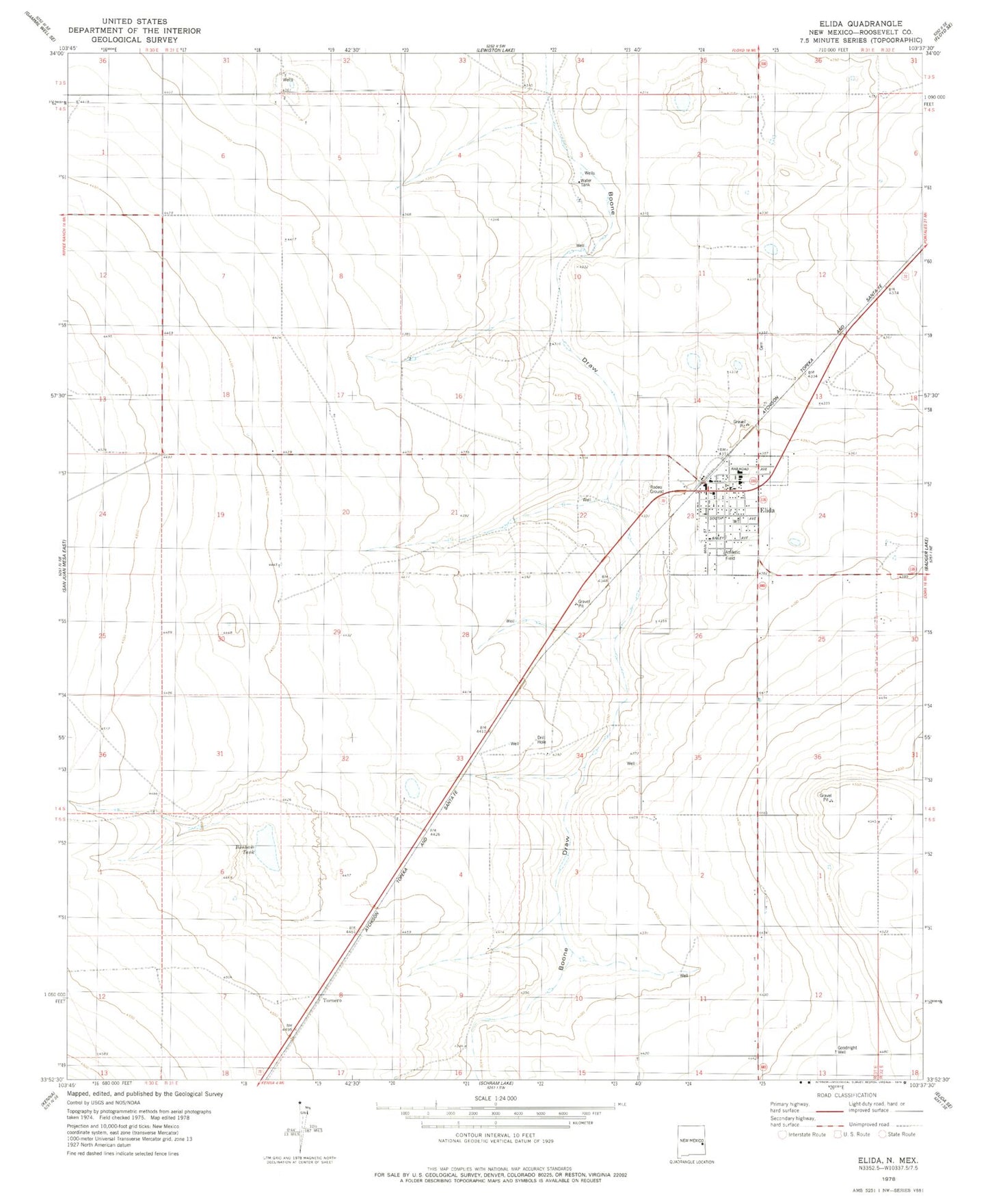 Classic USGS Elida New Mexico 7.5'x7.5' Topo Map Image