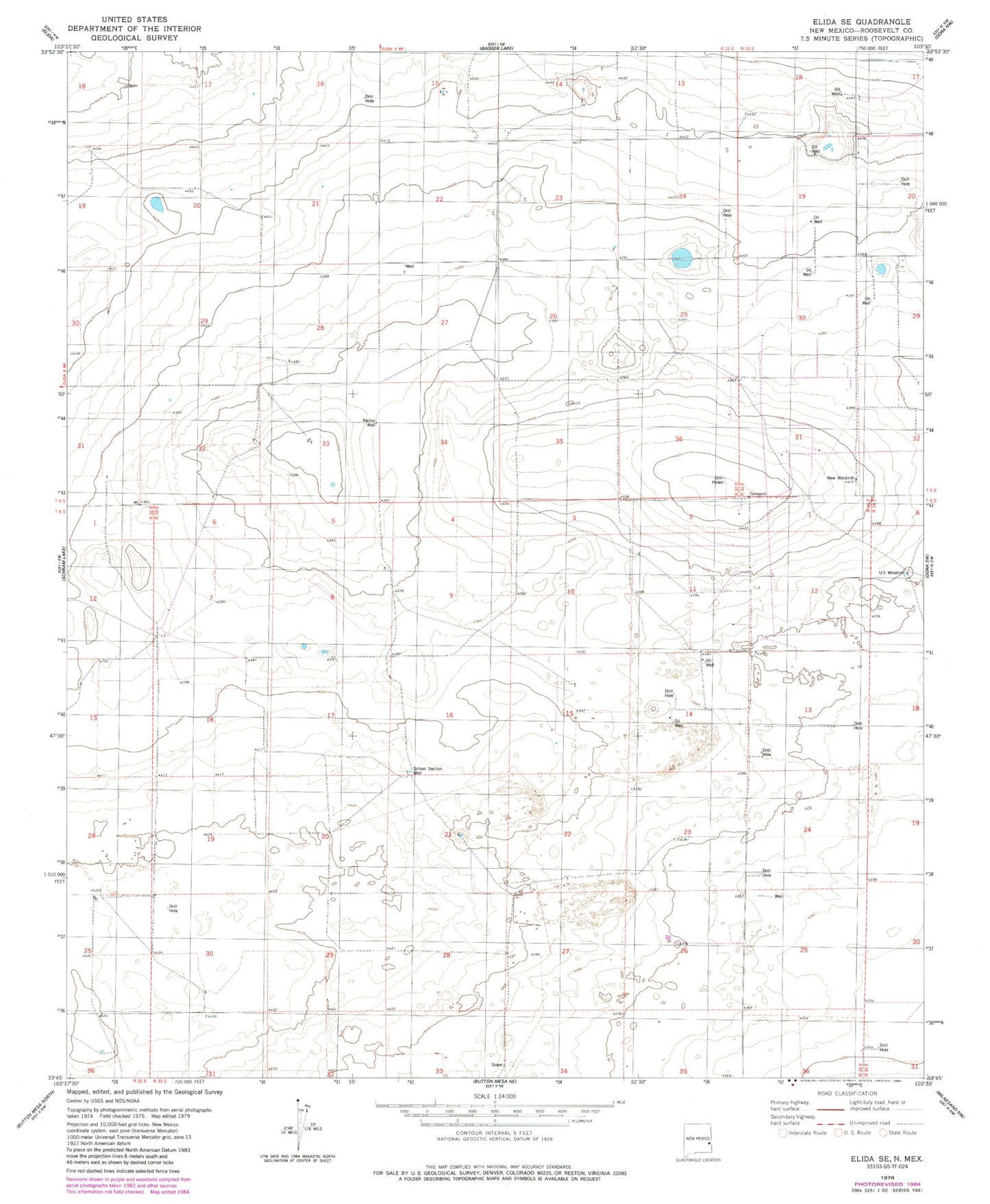 Classic USGS Elida SE New Mexico 7.5'x7.5' Topo Map Image