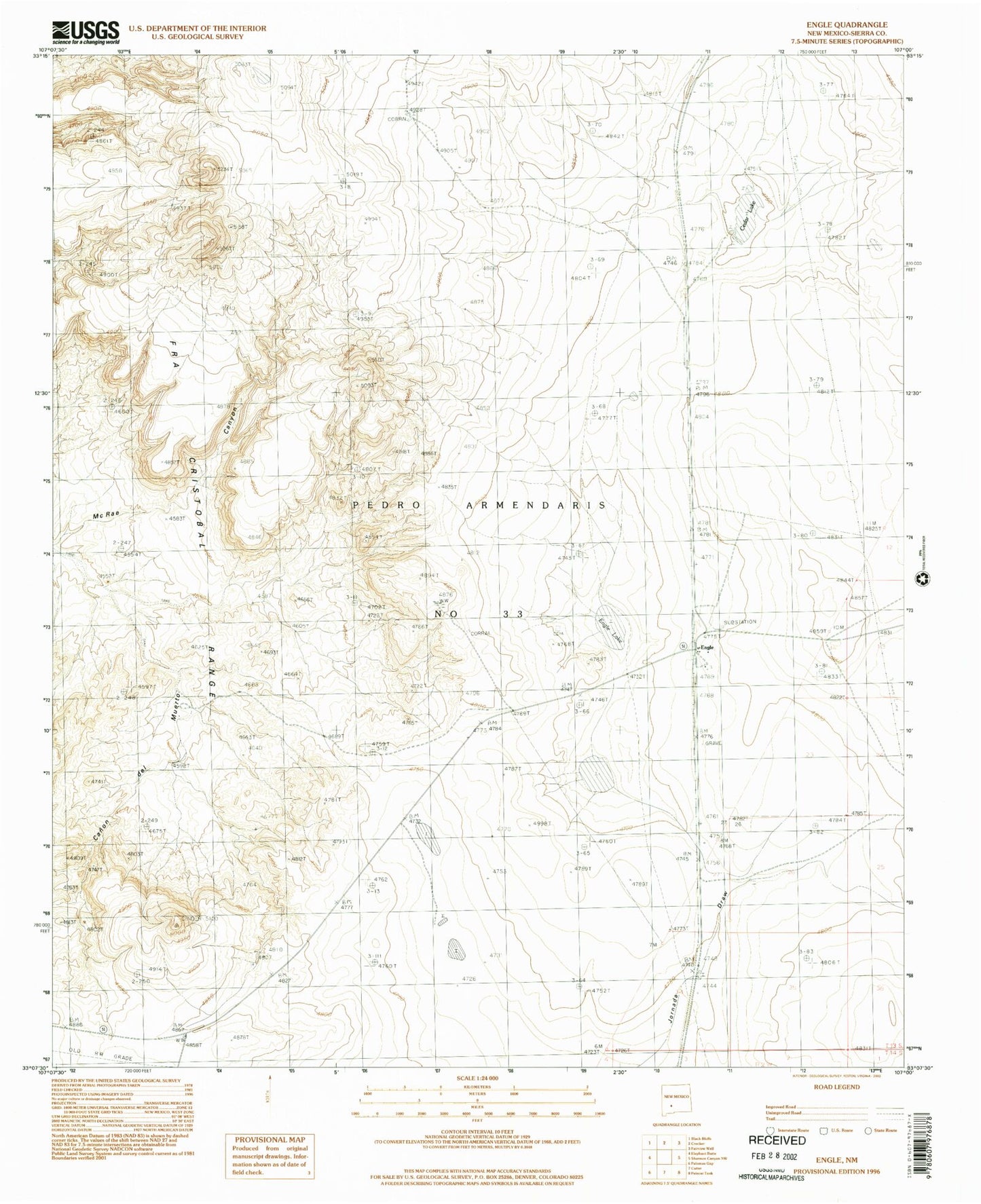 Classic USGS Engle New Mexico 7.5'x7.5' Topo Map Image