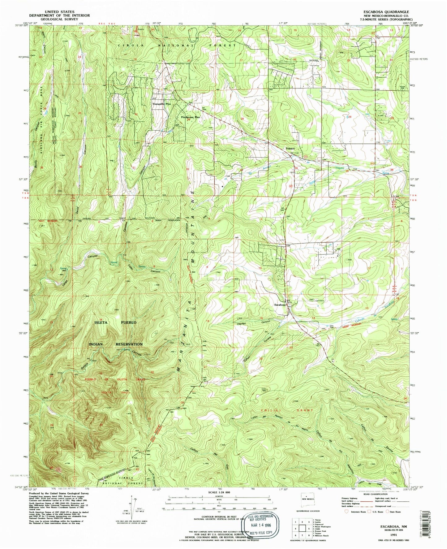 Classic USGS Escabosa New Mexico 7.5'x7.5' Topo Map Image