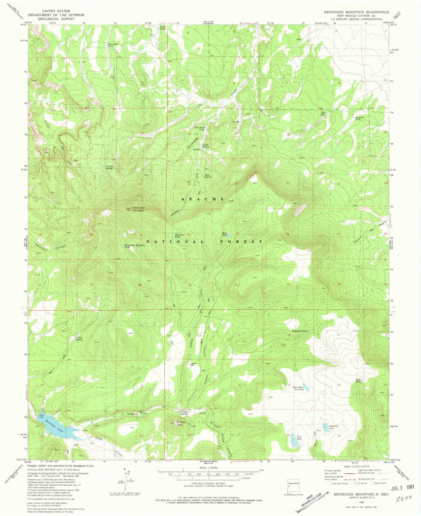 Classic USGS Escondido Mountain New Mexico 7.5'x7.5' Topo Map Image