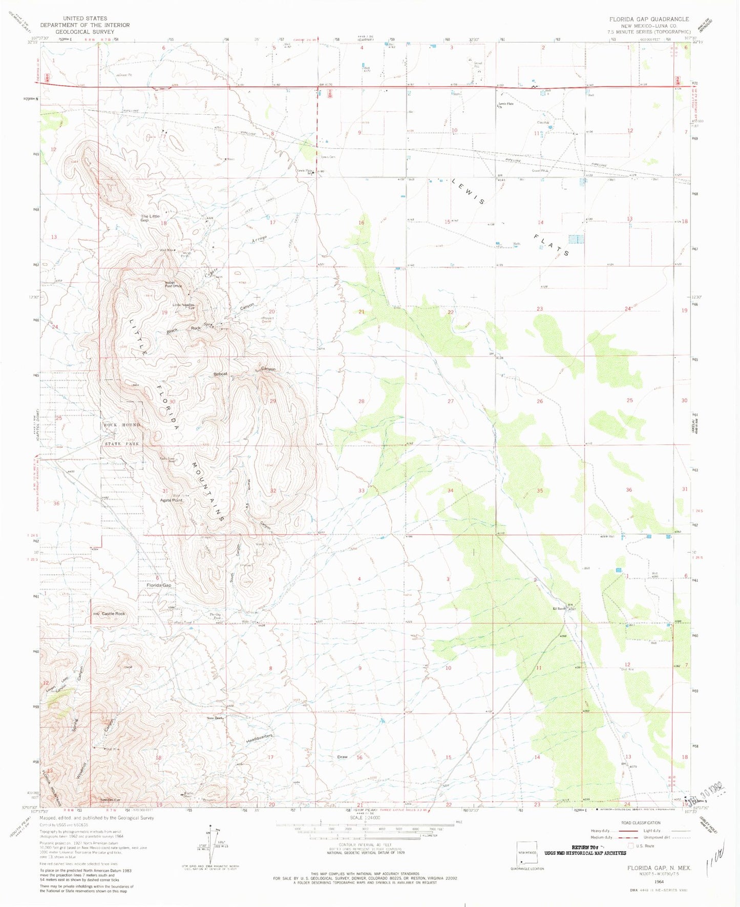 Classic USGS Florida Gap New Mexico 7.5'x7.5' Topo Map Image
