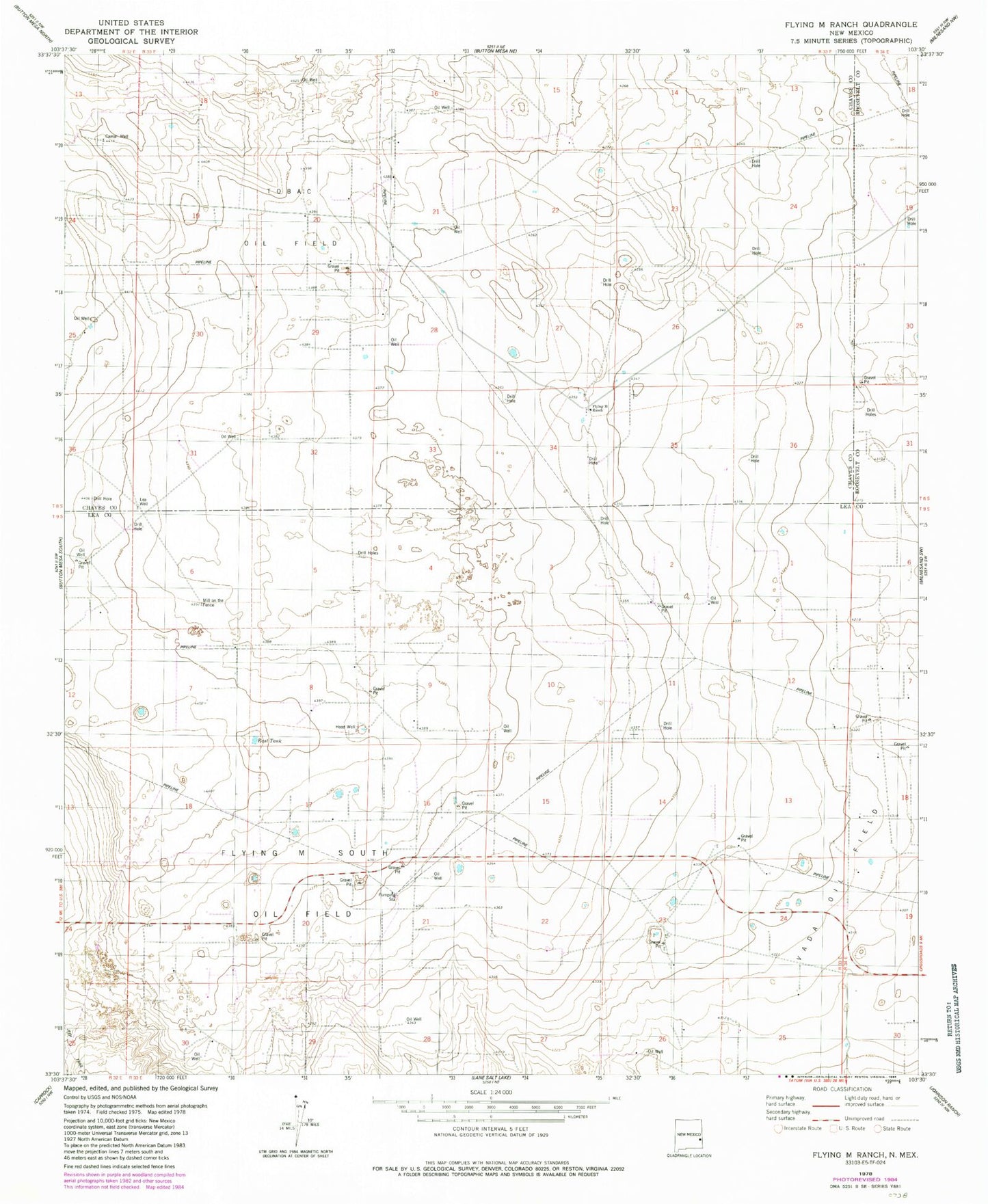 Classic USGS Flying M Ranch New Mexico 7.5'x7.5' Topo Map Image